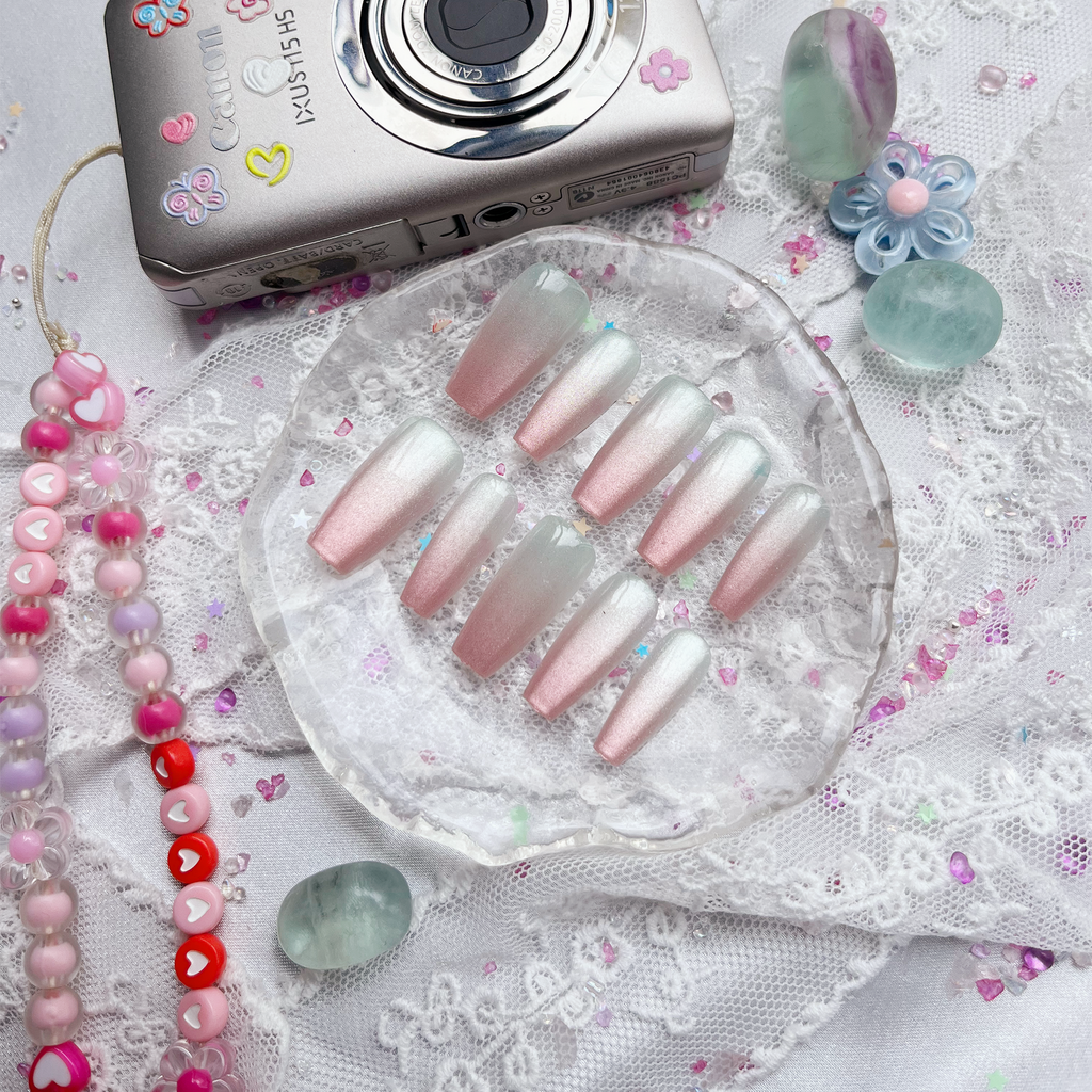 Custom Press-On Nails – Personalized Pastel Ombré Glitter Coffin Set | Soft Pink & Mint Shimmer | Wynzy Pops Nails