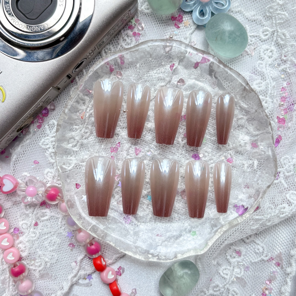 Custom Press-On Nails – Rose Gold Ombre Pearl Chrome Coffin Set | Wynzy Pops Nails
