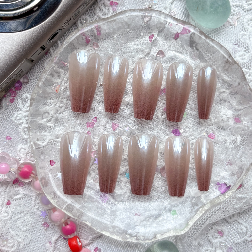Custom Press-On Nails – Rose Gold Ombre Pearl Chrome Coffin Set | Wynzy Pops Nails