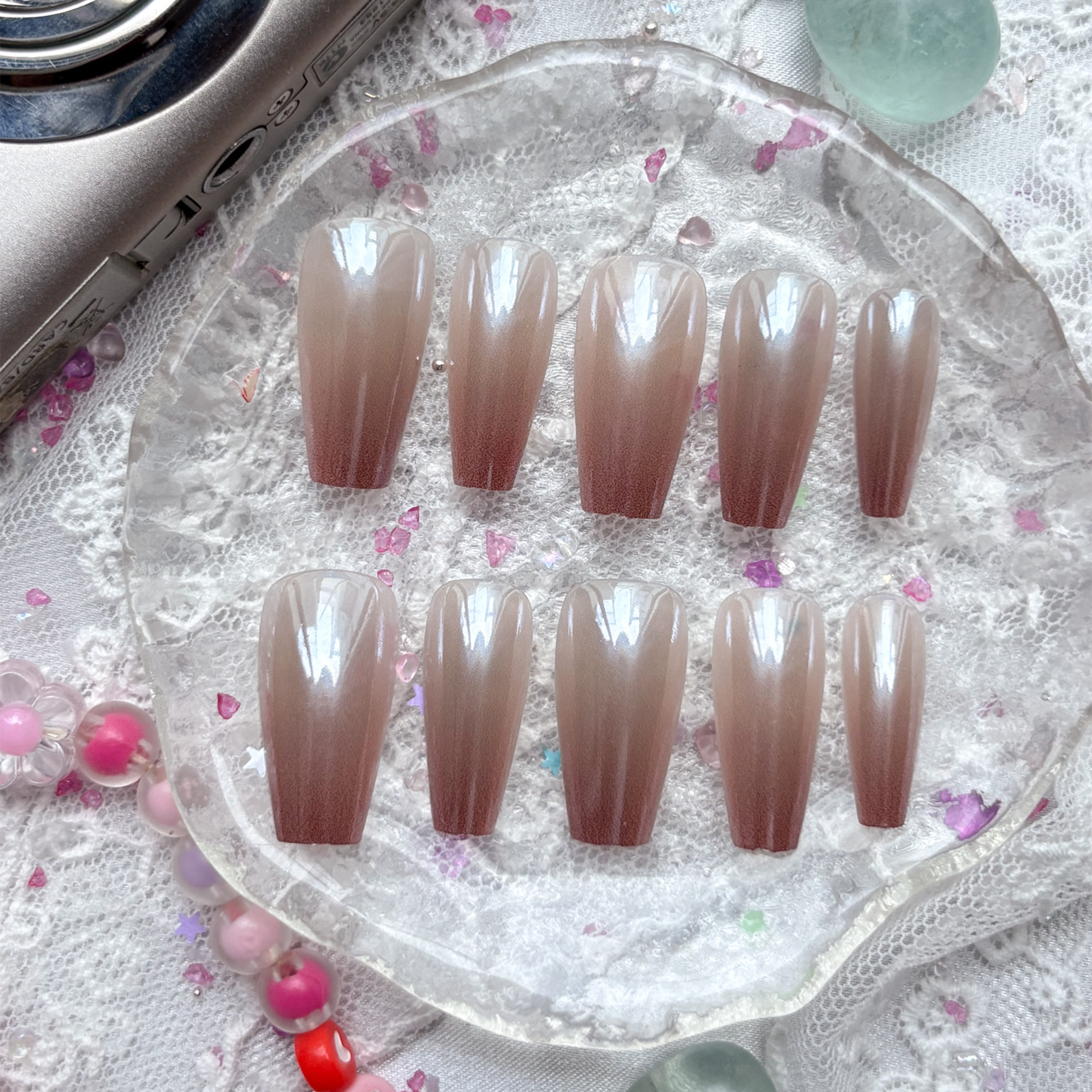 Custom Press-On Nails – Rose Gold Ombre Pearl Chrome Coffin Set | Wynzy Pops Nails