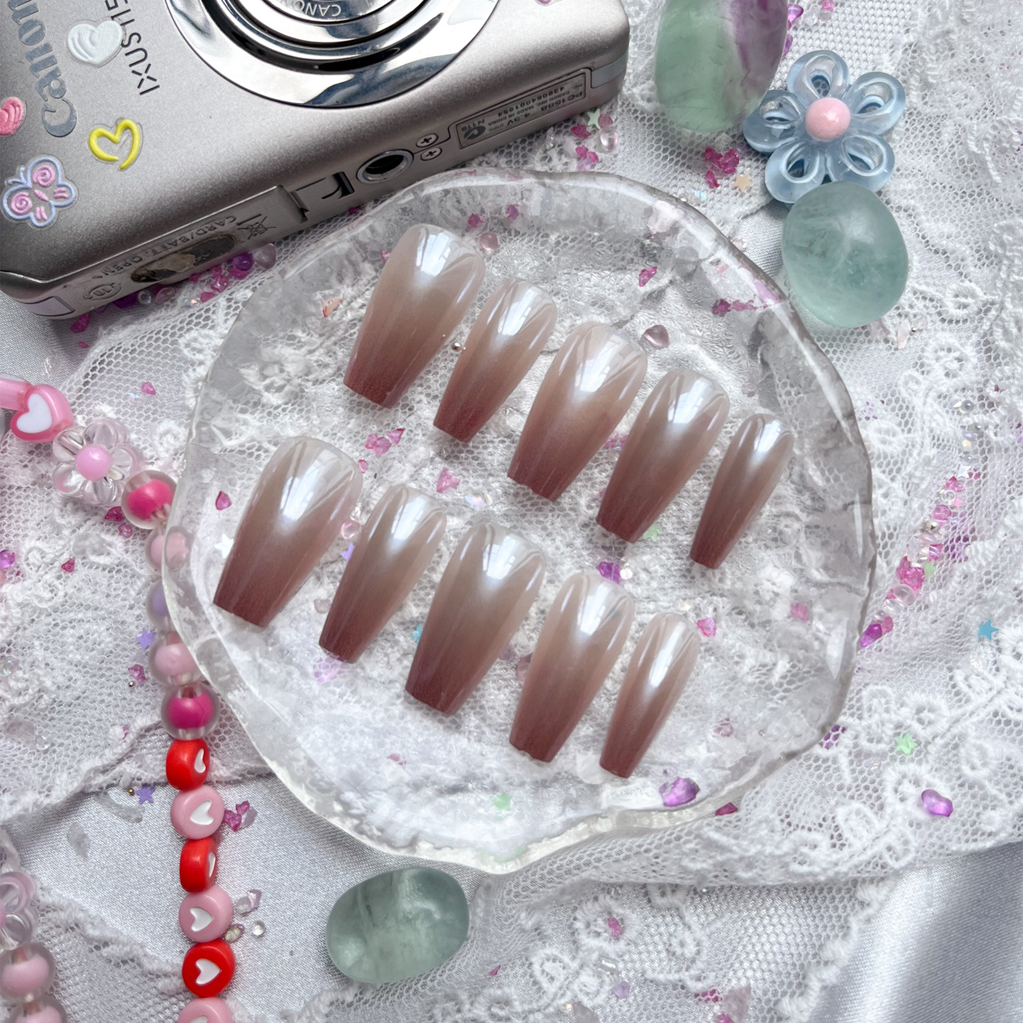 Custom Press-On Nails – Rose Gold Ombre Pearl Chrome Coffin Set | Wynzy Pops Nails