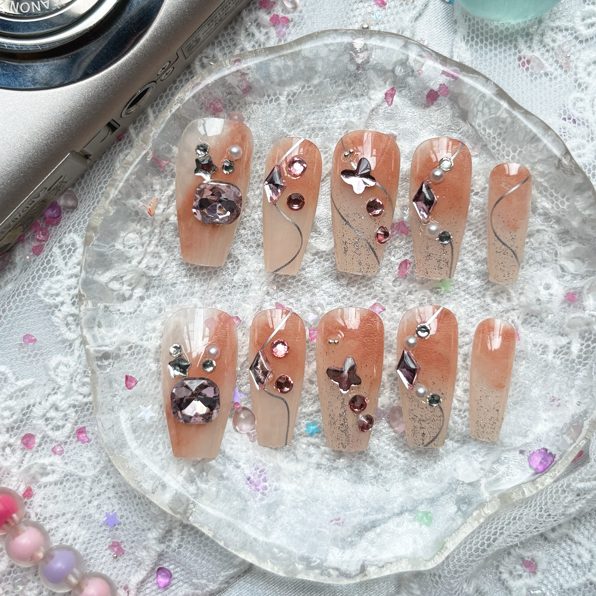 Press-On Nails – Ombre Nude & Peach with Rhinestone, Pearl & Glitter Accents | Wynzy Pops Nails