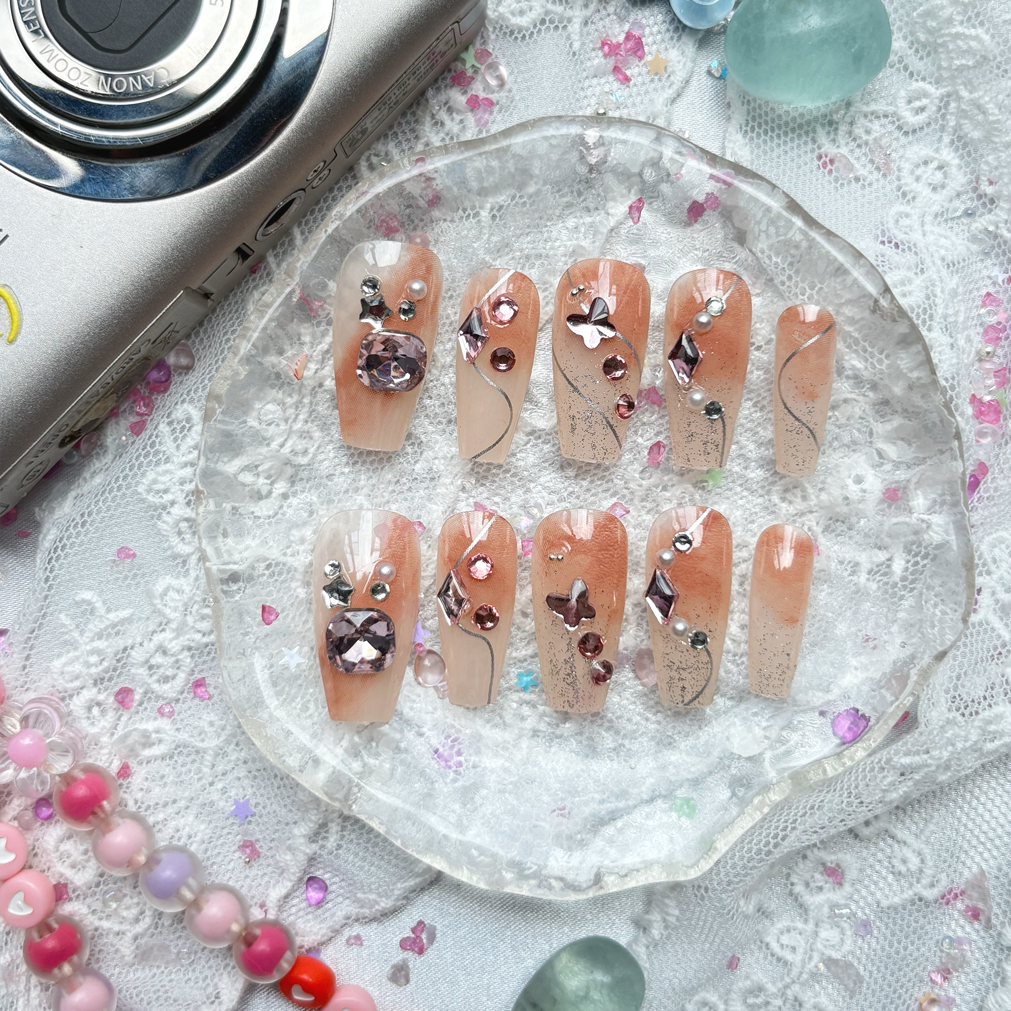 Press-On Nails – Ombre Nude & Peach with Rhinestone, Pearl & Glitter Accents | Wynzy Pops Nails