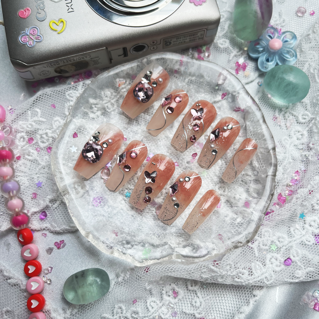 Press-On Nails – Ombre Nude & Peach with Rhinestone, Pearl & Glitter Accents | Wynzy Pops Nails