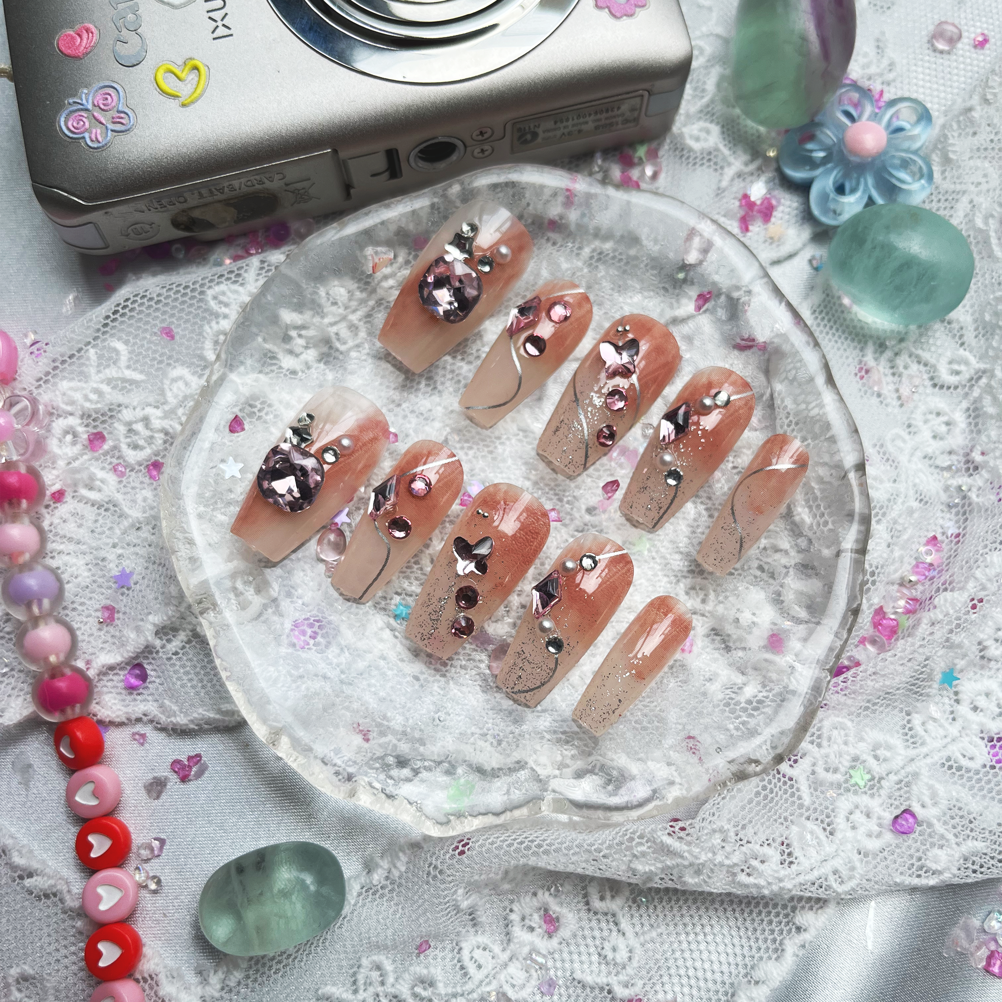 Press-On Nails – Ombre Nude & Peach with Rhinestone, Pearl & Glitter Accents | Wynzy Pops Nails