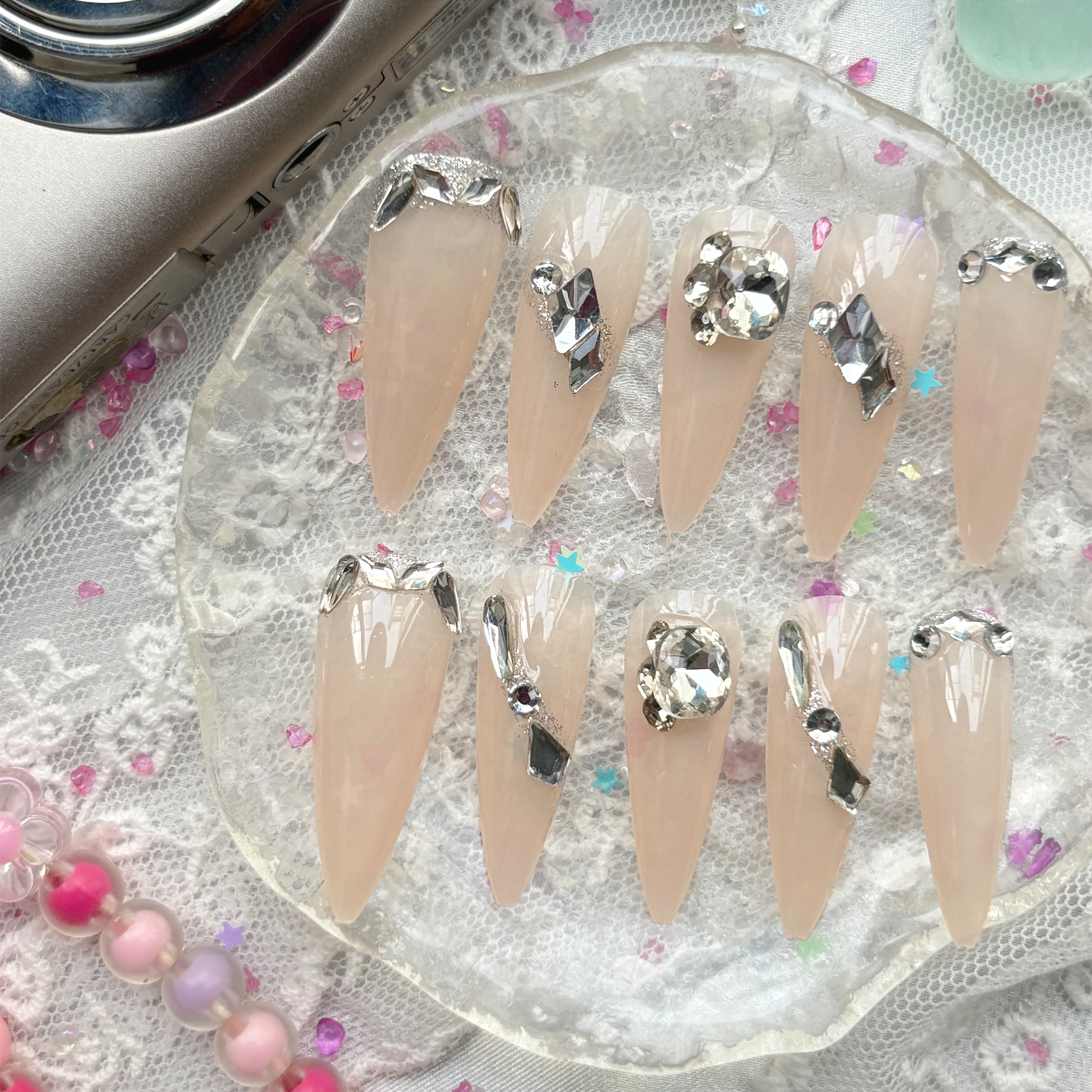 Custom Press-On Nails – Nude Stiletto with Silver Foil & Crystal Accents | Wynzy Pops Nails