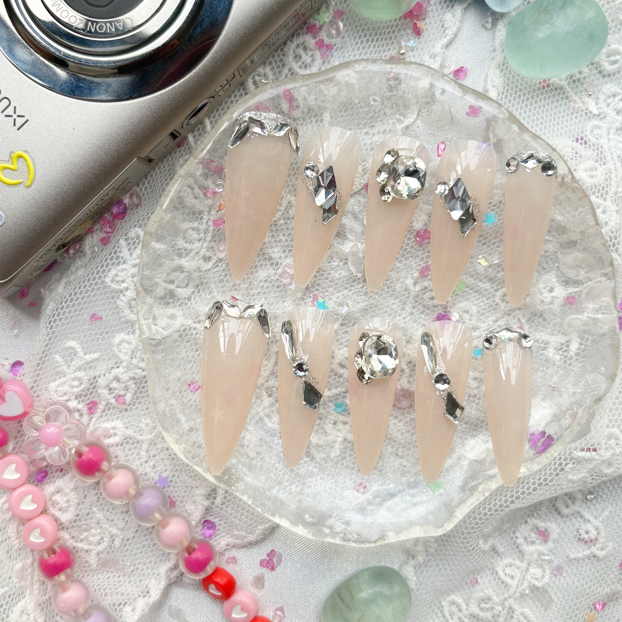 Custom Press-On Nails – Nude Stiletto with Silver Foil & Crystal Accents | Wynzy Pops Nails
