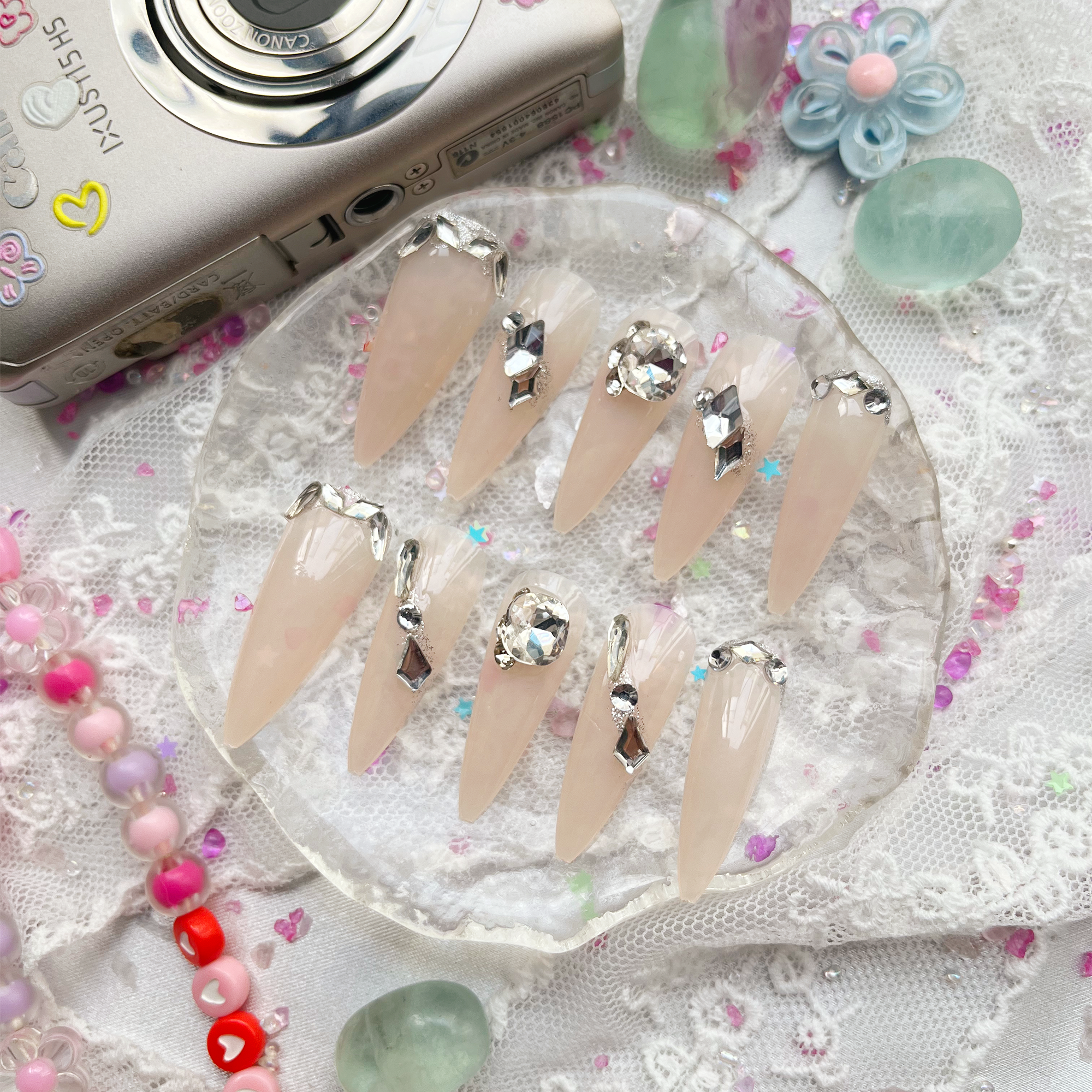 Custom Press-On Nails – Nude Stiletto with Silver Foil & Crystal Accents | Wynzy Pops Nails