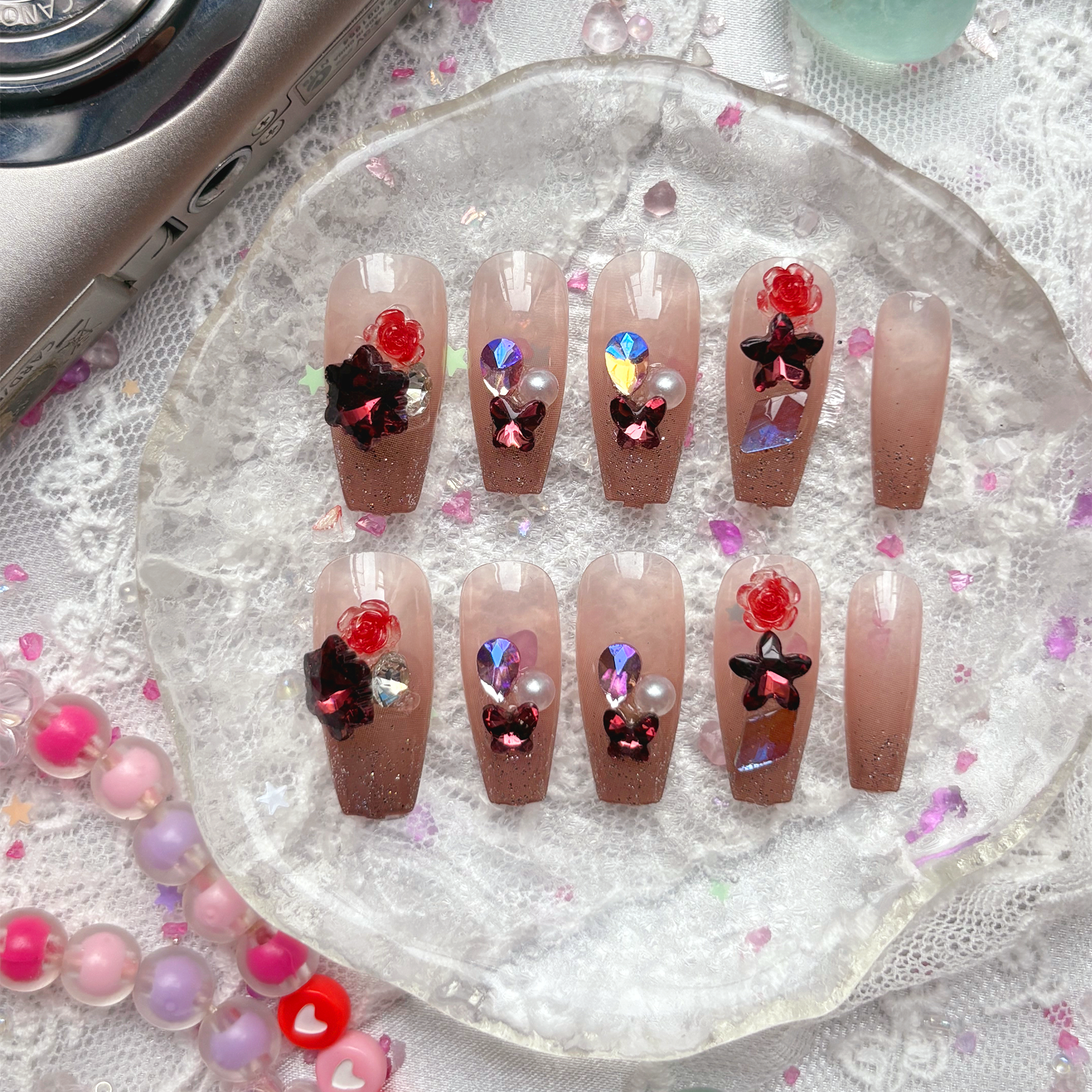Press-On Nails – Long Square Nude Glitter with Red Rose & Crystal Rhinestone Accents | Wynzy Pops Nails