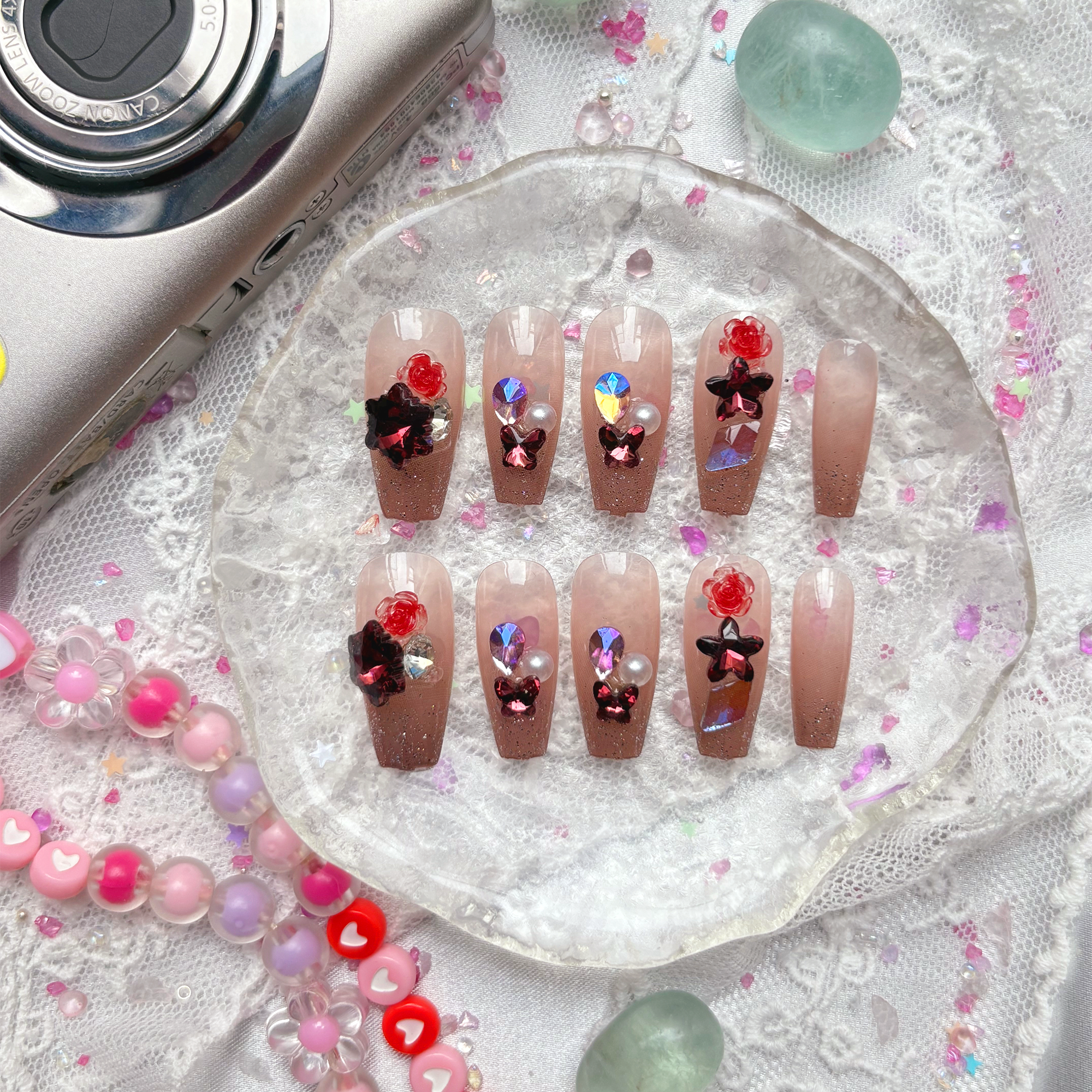 Press-On Nails – Long Square Nude Glitter with Red Rose & Crystal Rhinestone Accents | Wynzy Pops Nails