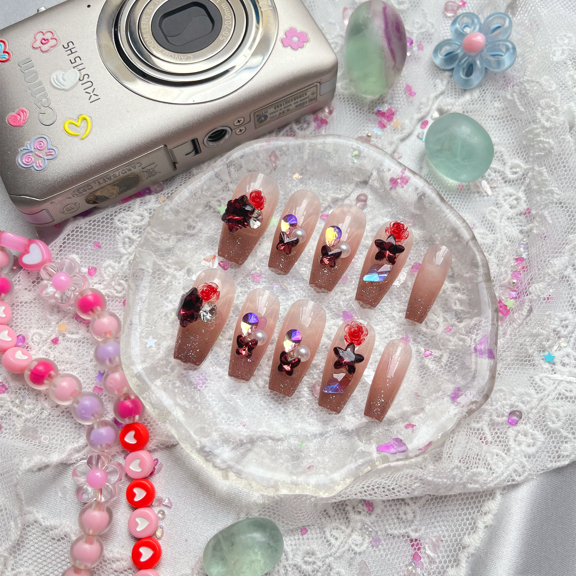 Press-On Nails – Long Square Nude Glitter with Red Rose & Crystal Rhinestone Accents | Wynzy Pops Nails