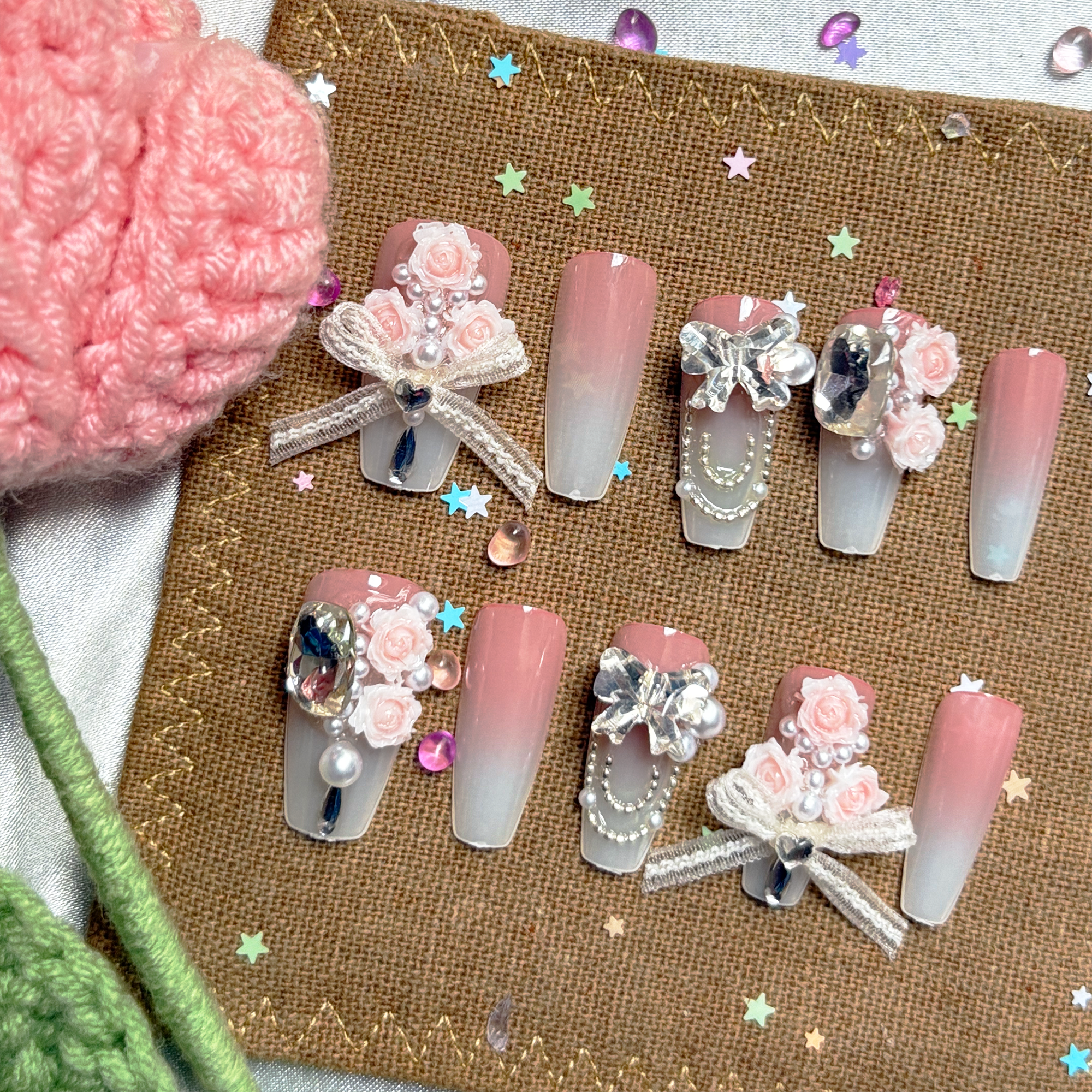 Pink Ombre Press On Nails | 3D Floral, Bow & Pearl Charms | Bridal Coquette Nail Trend 2025 | Long Coffin Shape