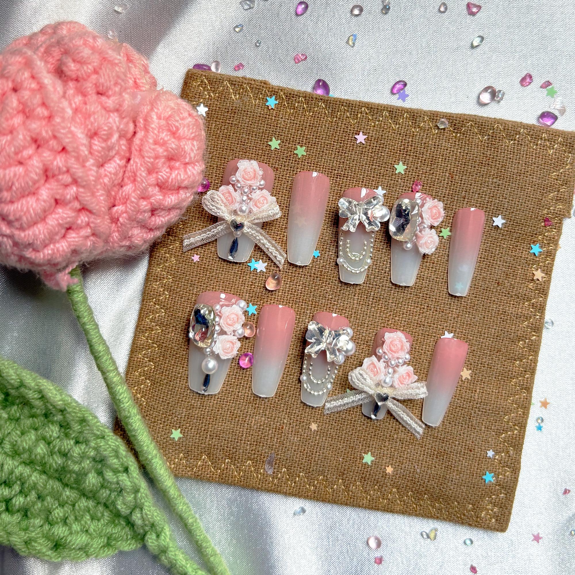 Pink Ombre Press On Nails | 3D Floral, Bow & Pearl Charms | Bridal Coquette Nail Trend 2025 | Long Coffin Shape