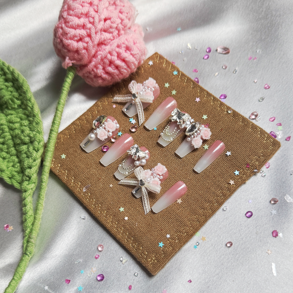 Pink Ombre Press On Nails | 3D Floral, Bow & Pearl Charms | Bridal Coquette Nail Trend 2025 | Long Coffin Shape