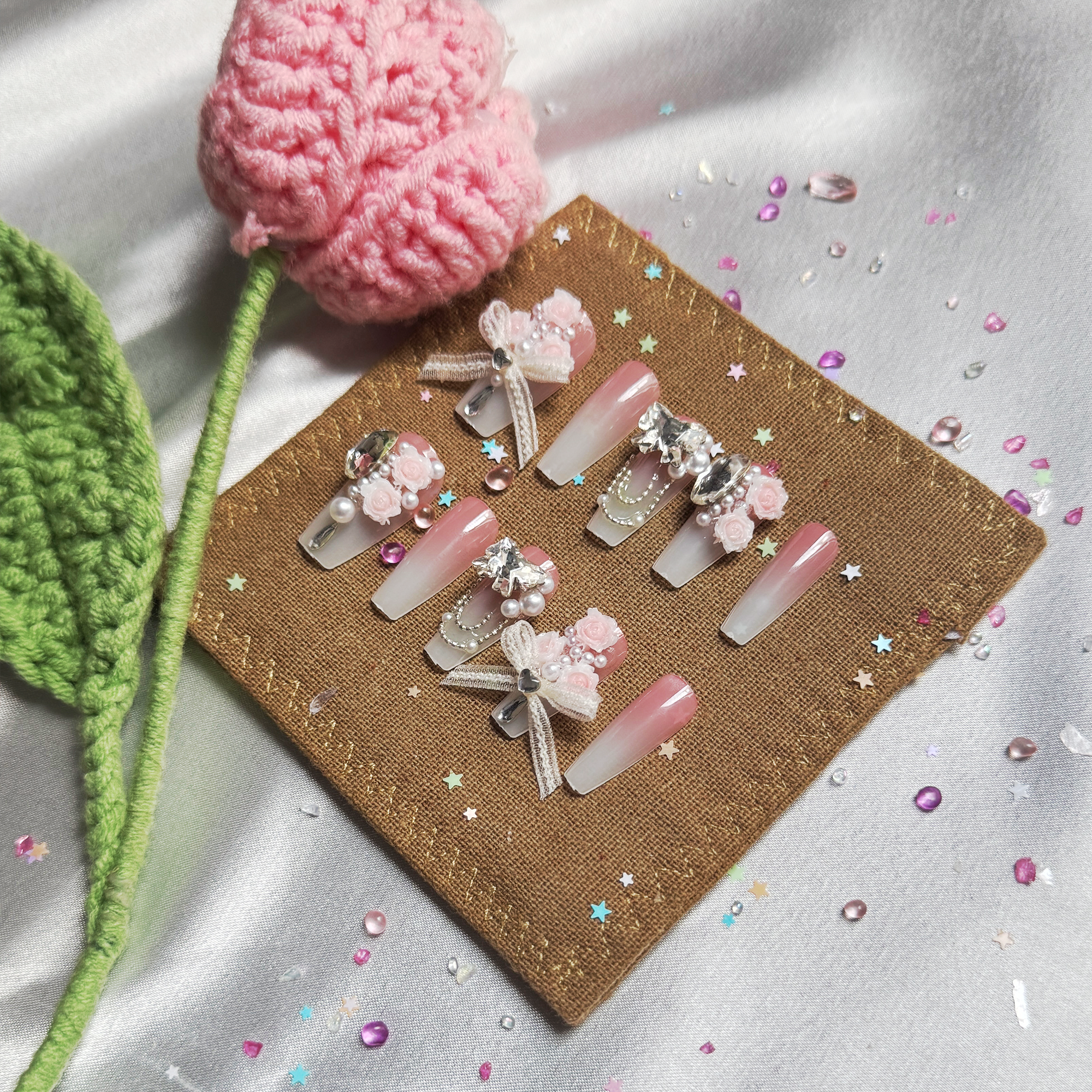 Pink Ombre Press On Nails | 3D Floral, Bow & Pearl Charms | Bridal Coquette Nail Trend 2025 | Long Coffin Shape