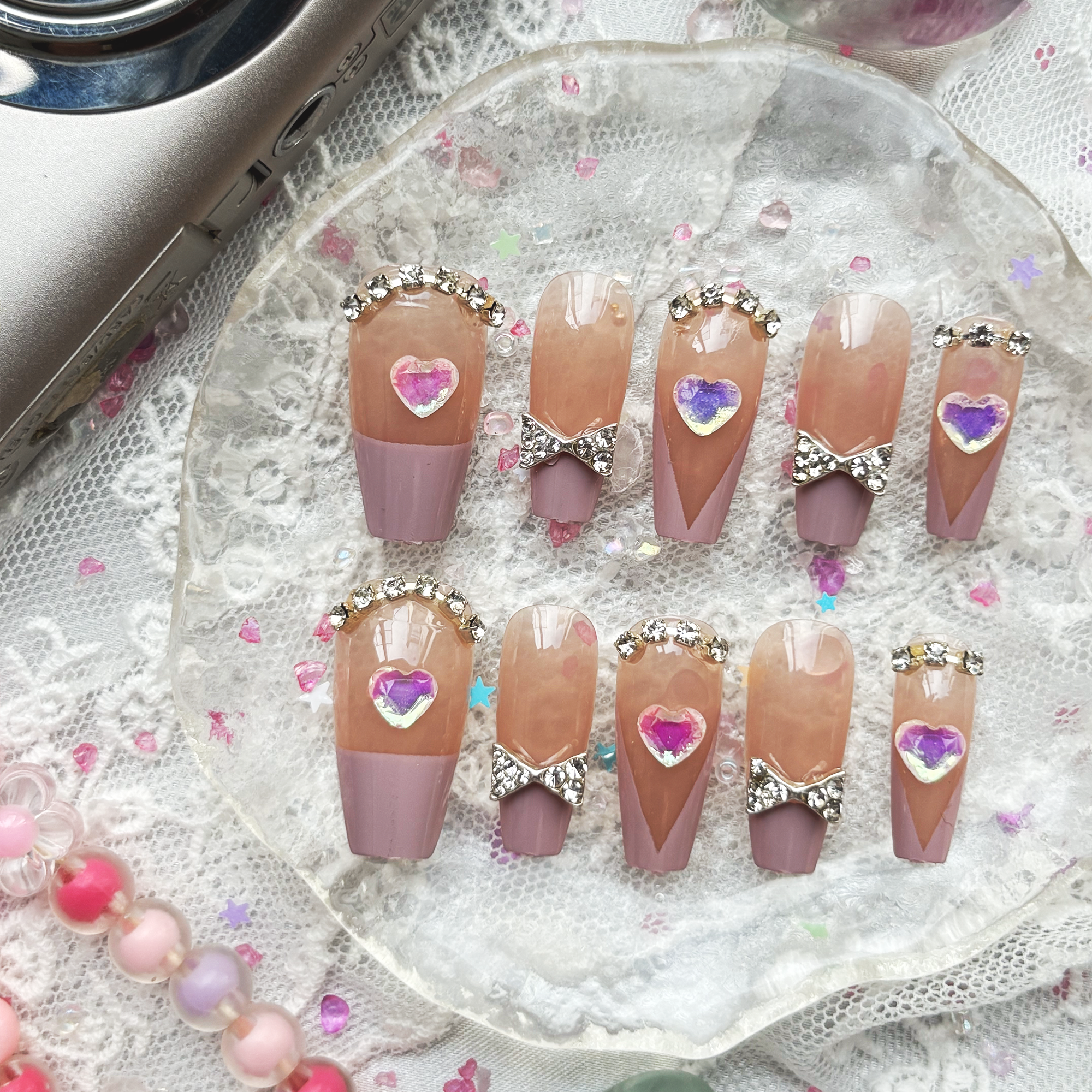 Custom Press-On Nails – Pink French Coquette Design with 3D Heart & Bow Charms | Wynzy Pops Nails