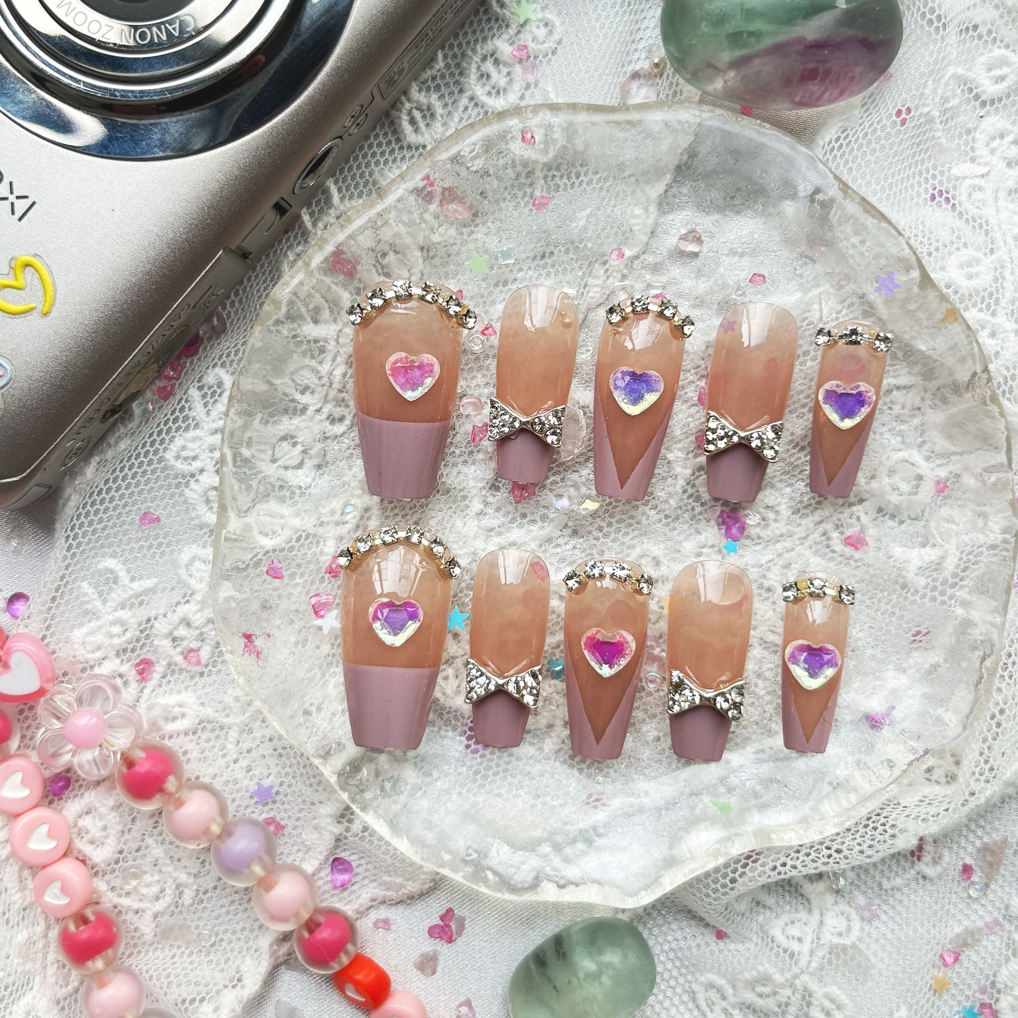 Custom Press-On Nails – Pink French Coquette Design with 3D Heart & Bow Charms | Wynzy Pops Nails