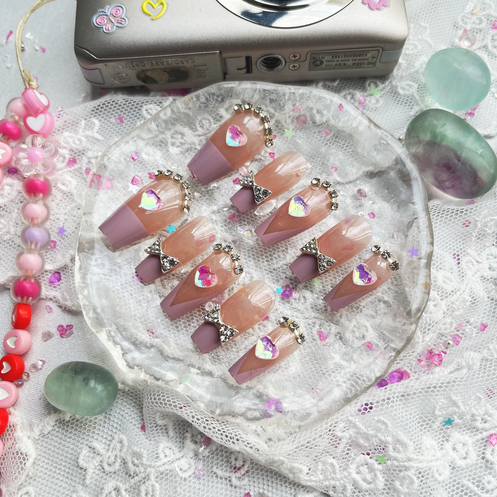 Custom Press-On Nails – Pink French Coquette Design with 3D Heart & Bow Charms | Wynzy Pops Nails