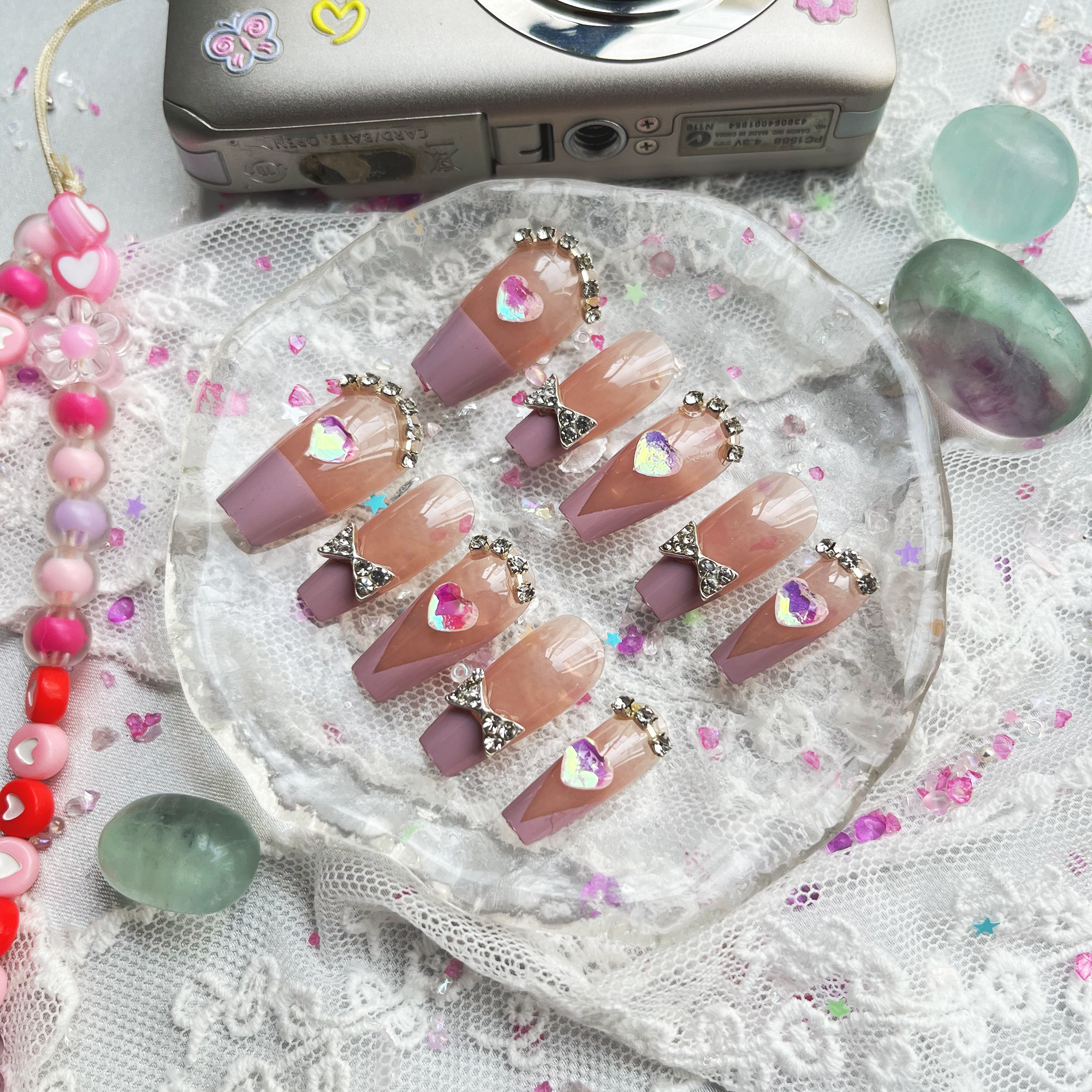 Custom Press-On Nails – Pink French Coquette Design with 3D Heart & Bow Charms | Wynzy Pops Nails