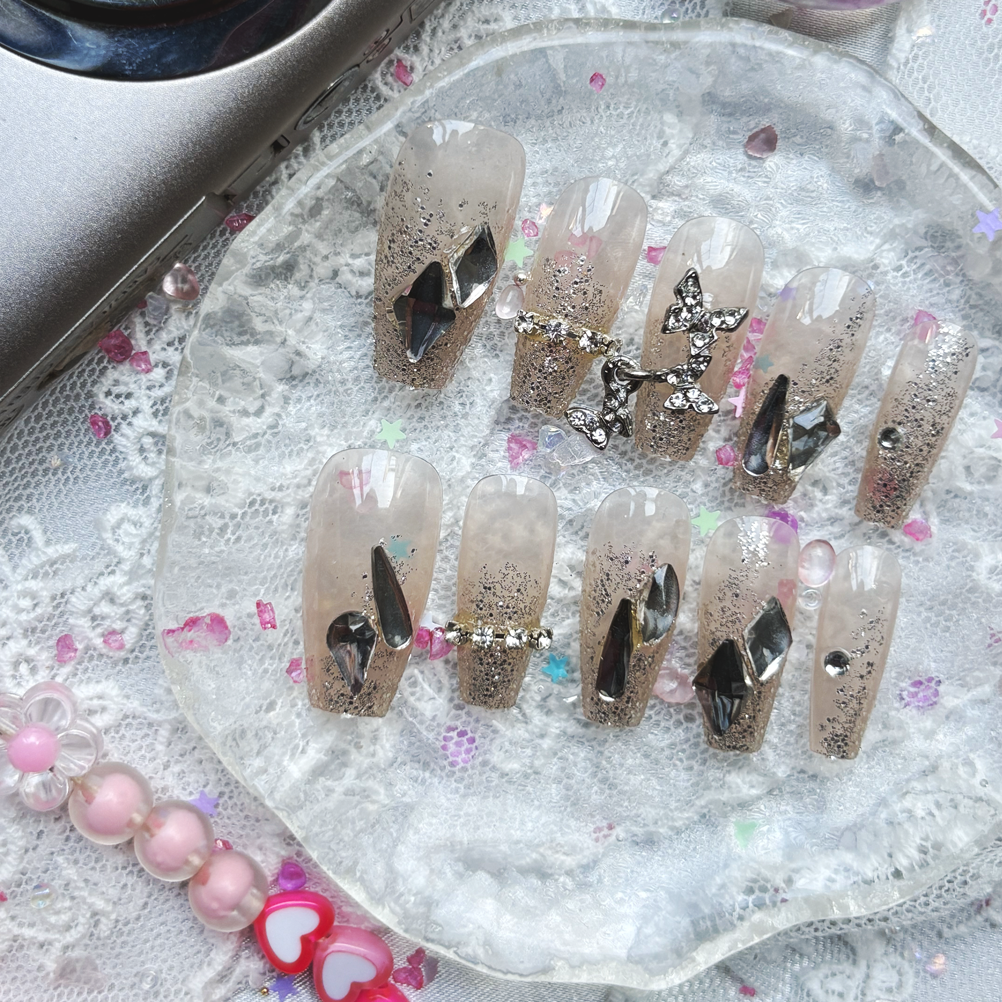 Press-On Nails – Silver Glitter with Rhinestone & Chrome Accents | Long Coffin Glam Luxe | Wynzy Pops Nails