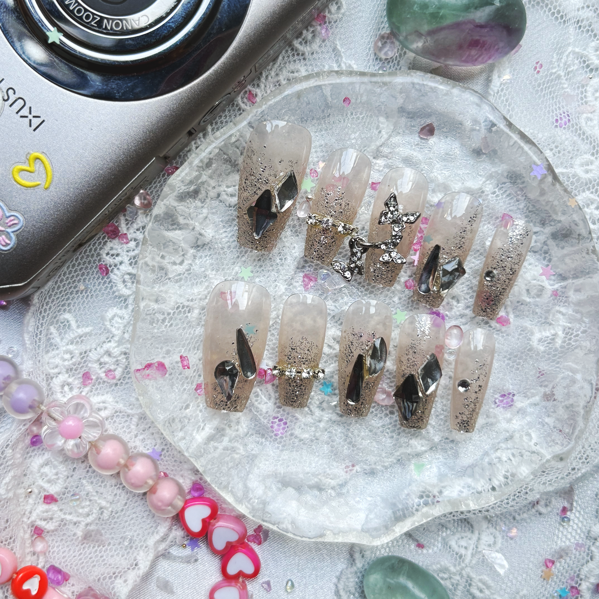 Press-On Nails – Silver Glitter with Rhinestone & Chrome Accents | Long Coffin Glam Luxe | Wynzy Pops Nails