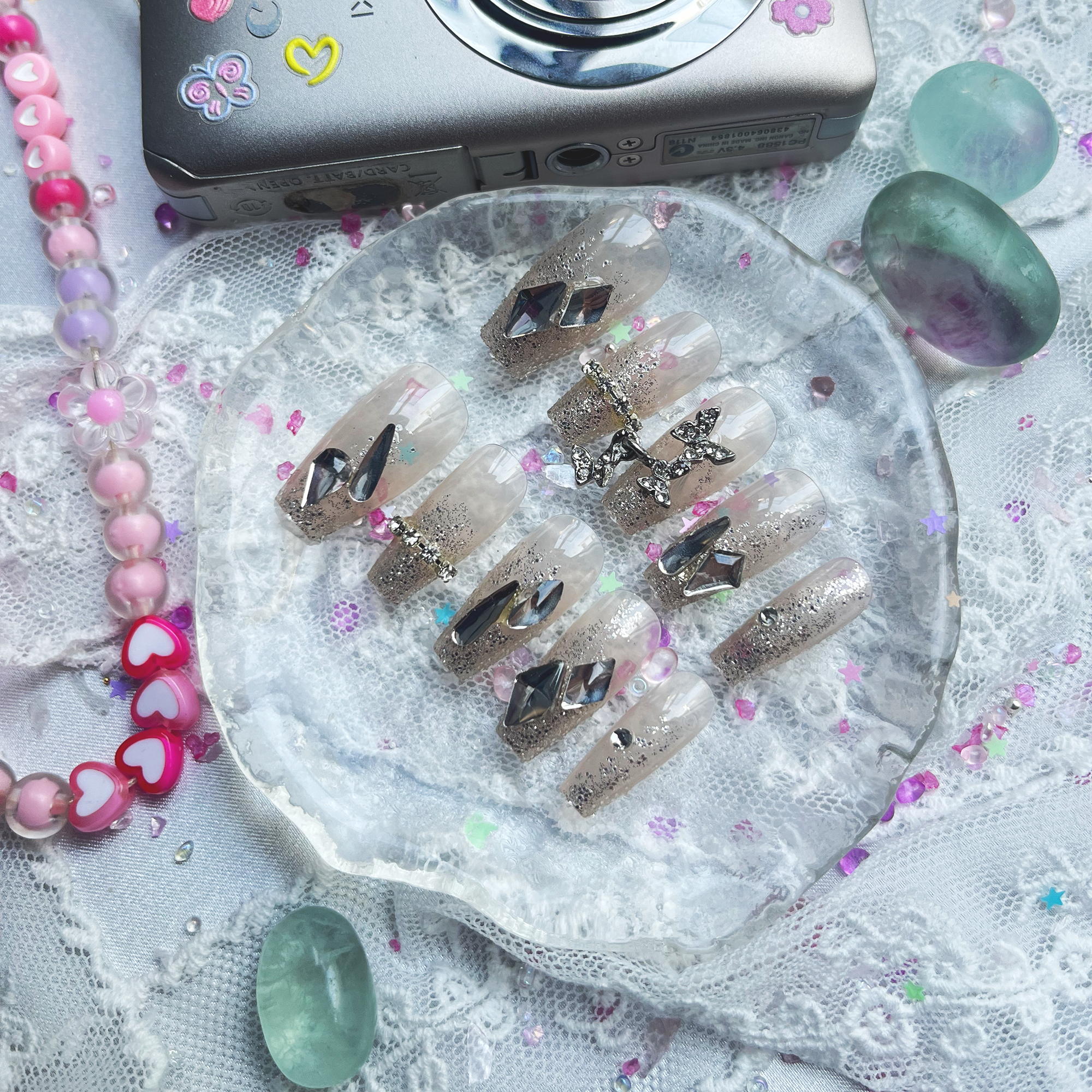 Press-On Nails – Silver Glitter with Rhinestone & Chrome Accents | Long Coffin Glam Luxe | Wynzy Pops Nails
