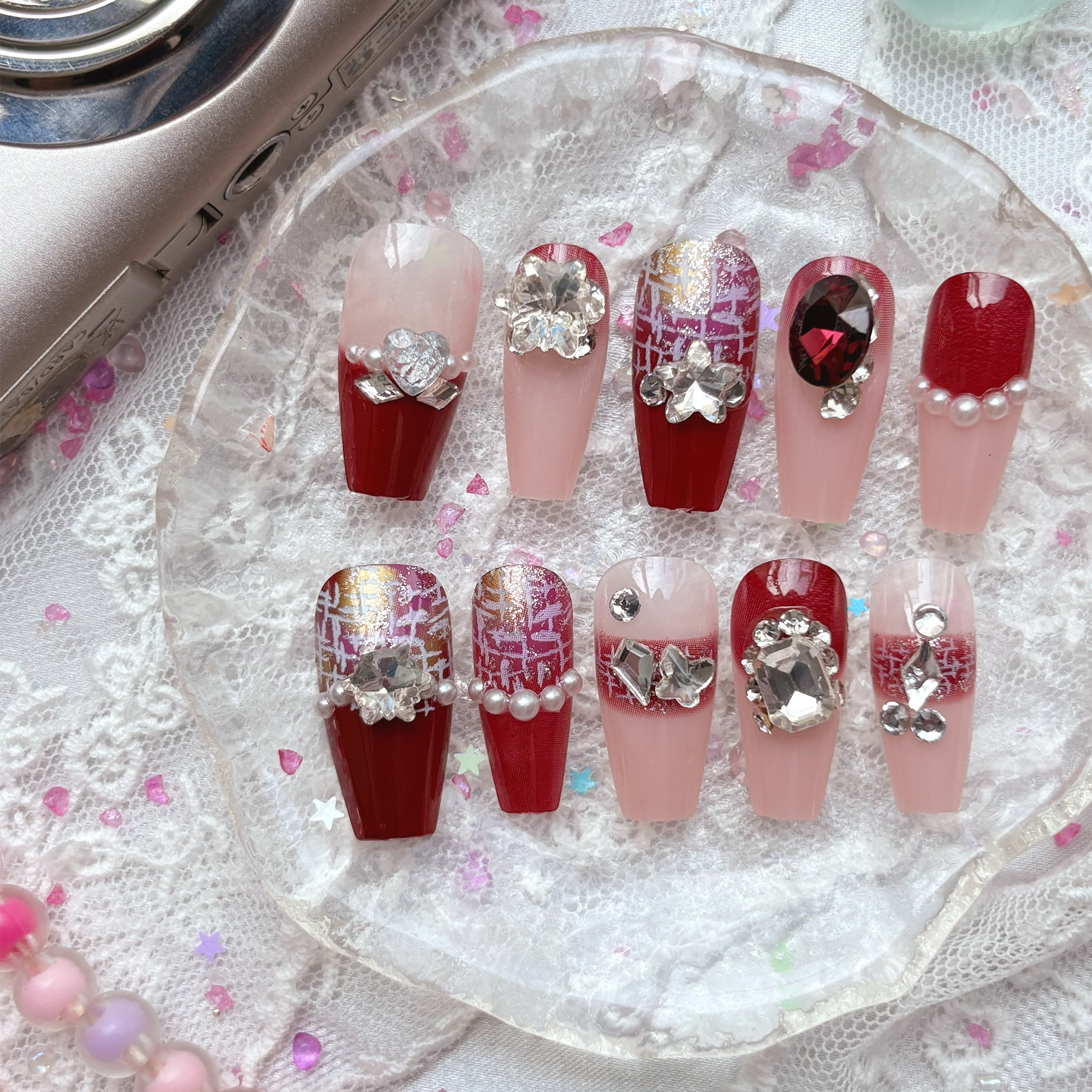 Press-On Nails – Burgundy & Nude with Luxe Glitter and Rhinestone Accents | Wynzy Pops Nails