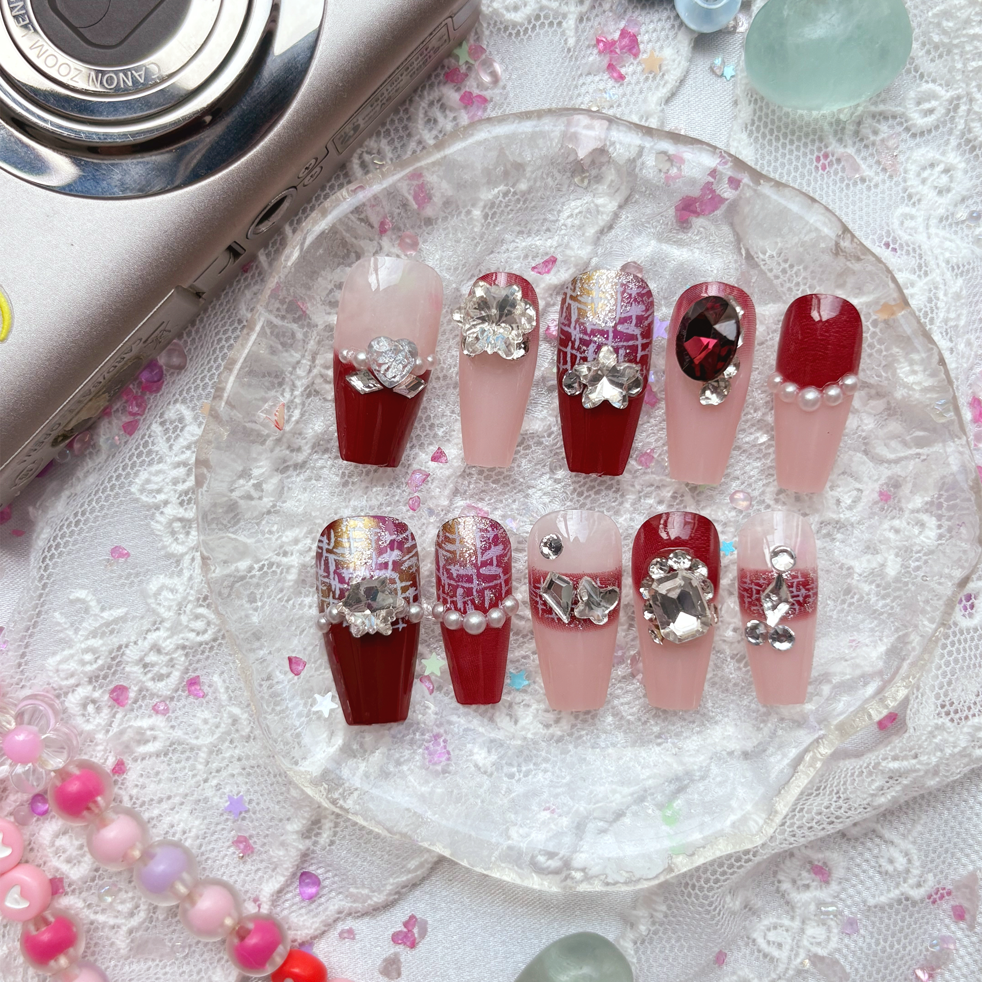 Press-On Nails – Burgundy & Nude with Luxe Glitter and Rhinestone Accents | Wynzy Pops Nails