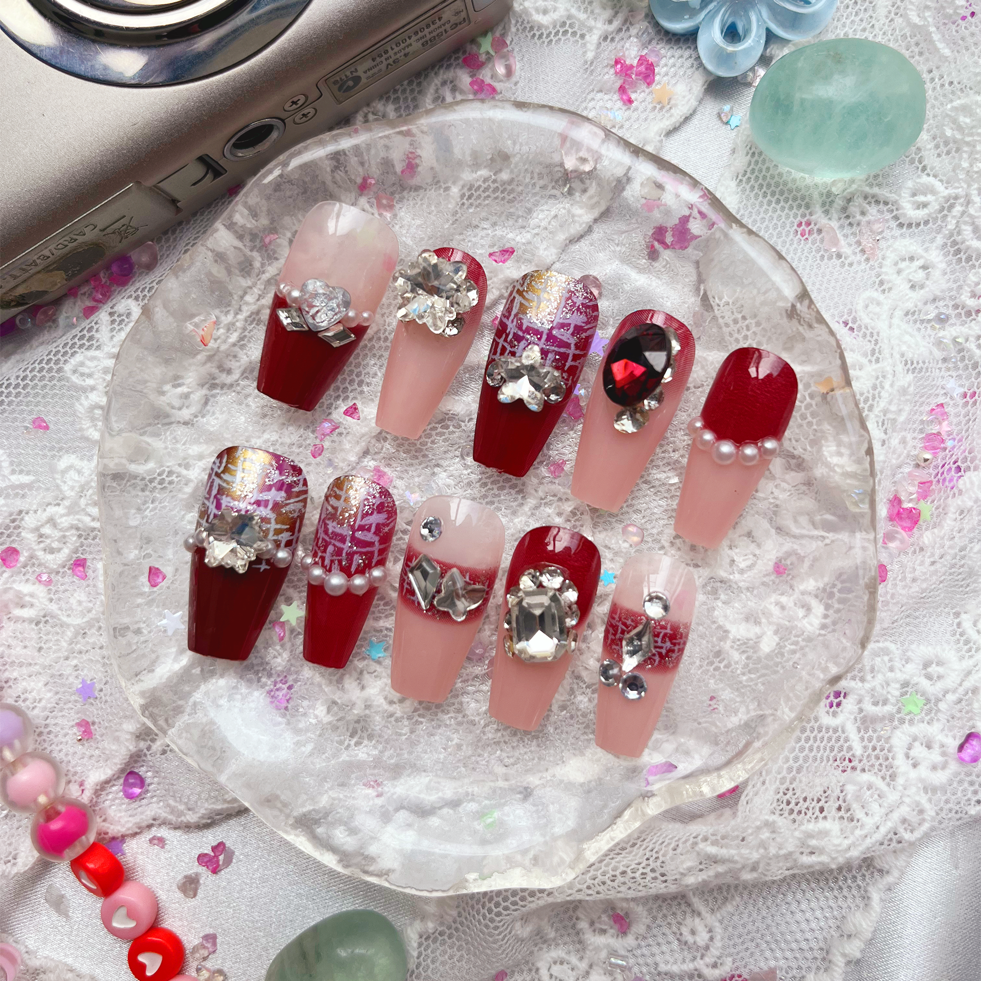 Press-On Nails – Burgundy & Nude with Luxe Glitter and Rhinestone Accents | Wynzy Pops Nails
