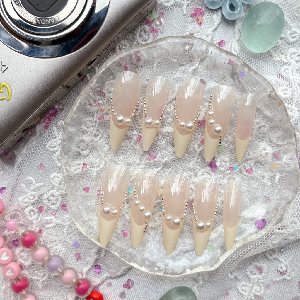 Press-On Nails – Nude & Cream French Stiletto with Pearl Accents | Wynzy Pops Nails