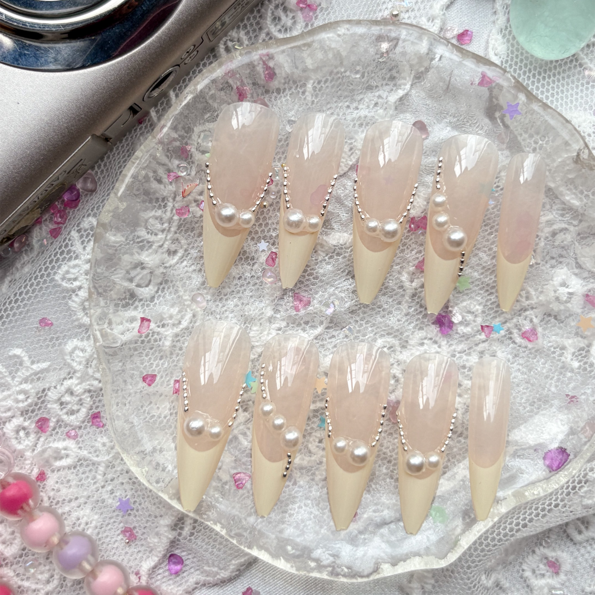 Press-On Nails – Nude & Cream French Stiletto with Pearl Accents | Wynzy Pops Nails