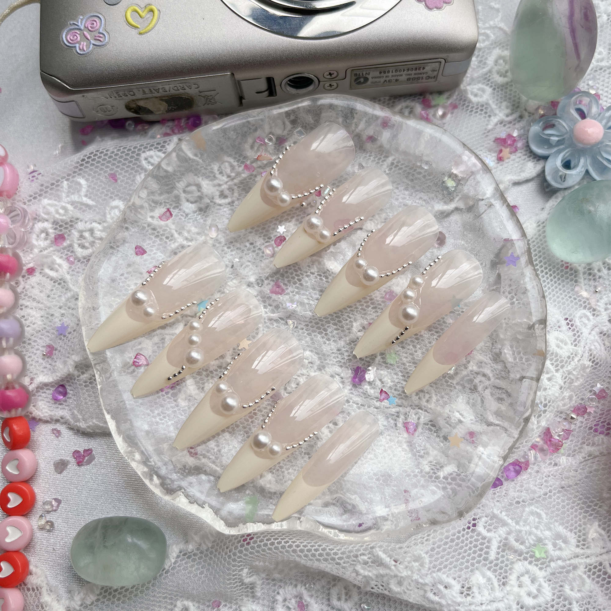 Press-On Nails – Nude & Cream French Stiletto with Pearl Accents | Wynzy Pops Nails