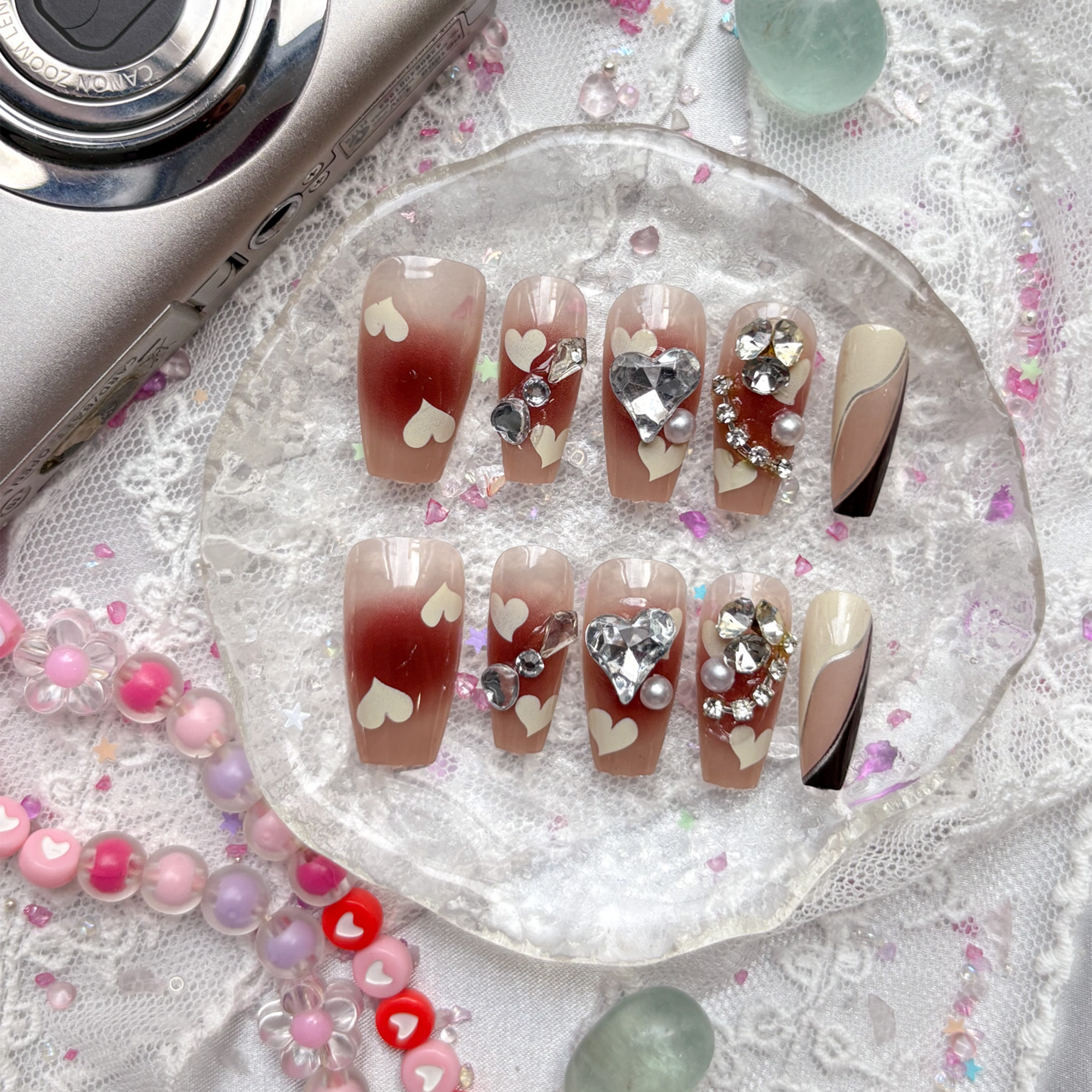 Press-On Nails – Burgundy Ombre with Rhinestones & Y2K Heart Accents | Handmade Glam Nail Art | Wynzy Pops Nails