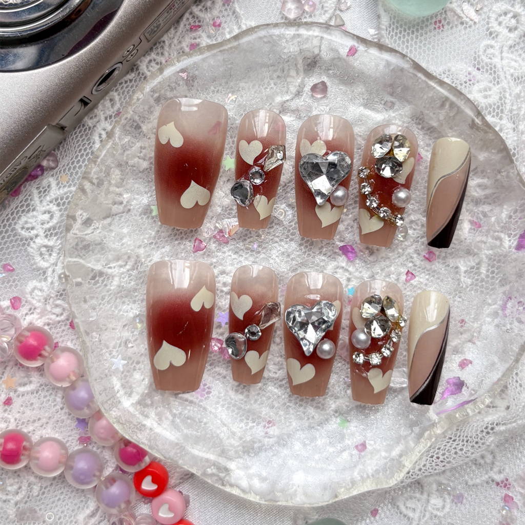Press-On Nails – Burgundy Ombre with Rhinestones & Y2K Heart Accents | Handmade Glam Nail Art | Wynzy Pops Nails