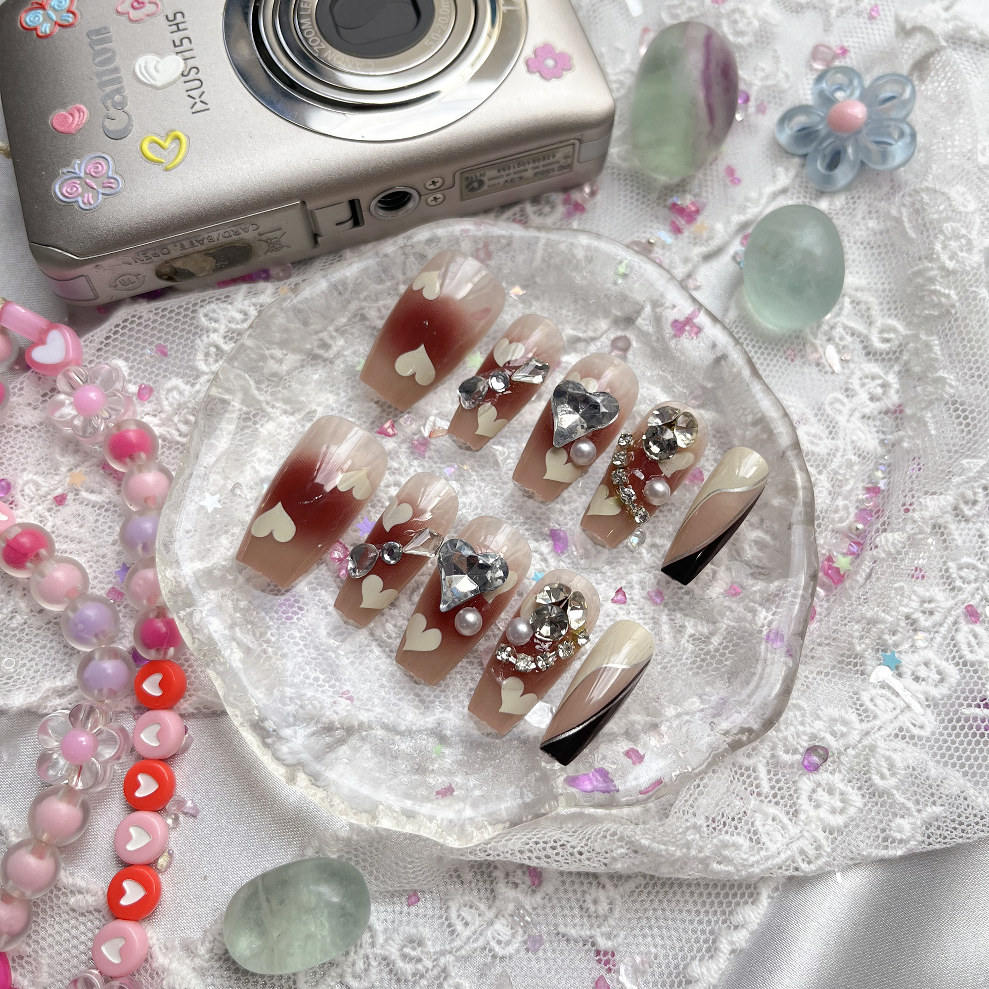 Press-On Nails – Burgundy Ombre with Rhinestones & Y2K Heart Accents | Handmade Glam Nail Art | Wynzy Pops Nails