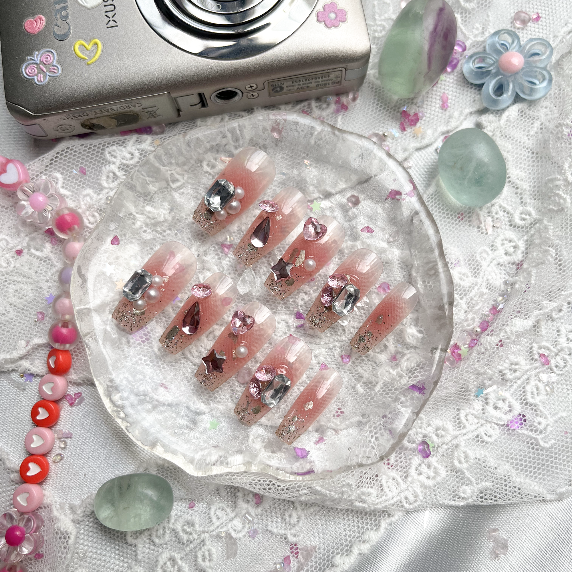 Press-On Nails – Pink Glitter with Clear Tips, Pearl & Rhinestone Charms | Long Coffin Glam | Wynzy Pops Nails