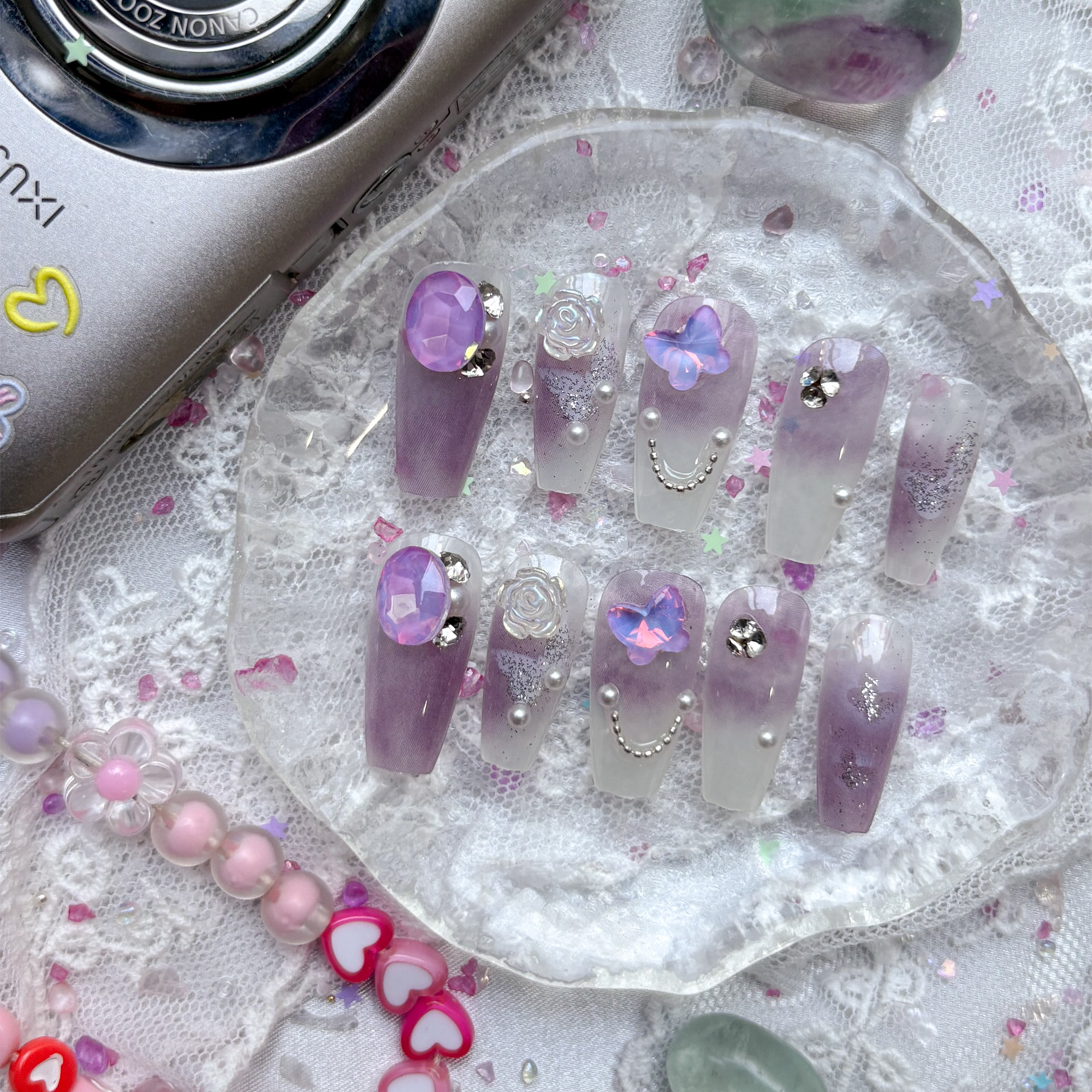 Press-On Nails – Lavender Ombre Coffin with Butterfly, Pearls & Crystal Charms | Wynzy Pops Nails