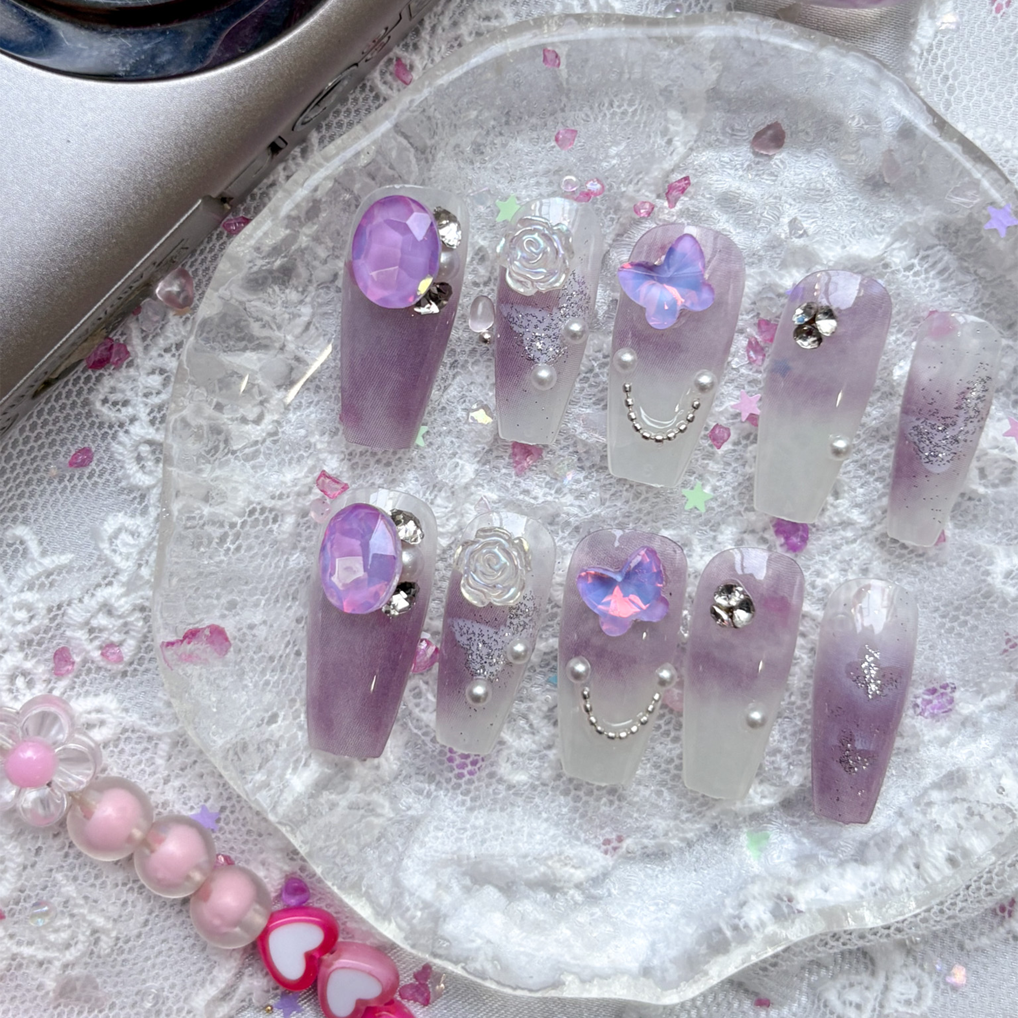 Press-On Nails – Lavender Ombre Coffin with Butterfly, Pearls & Crystal Charms | Wynzy Pops Nails