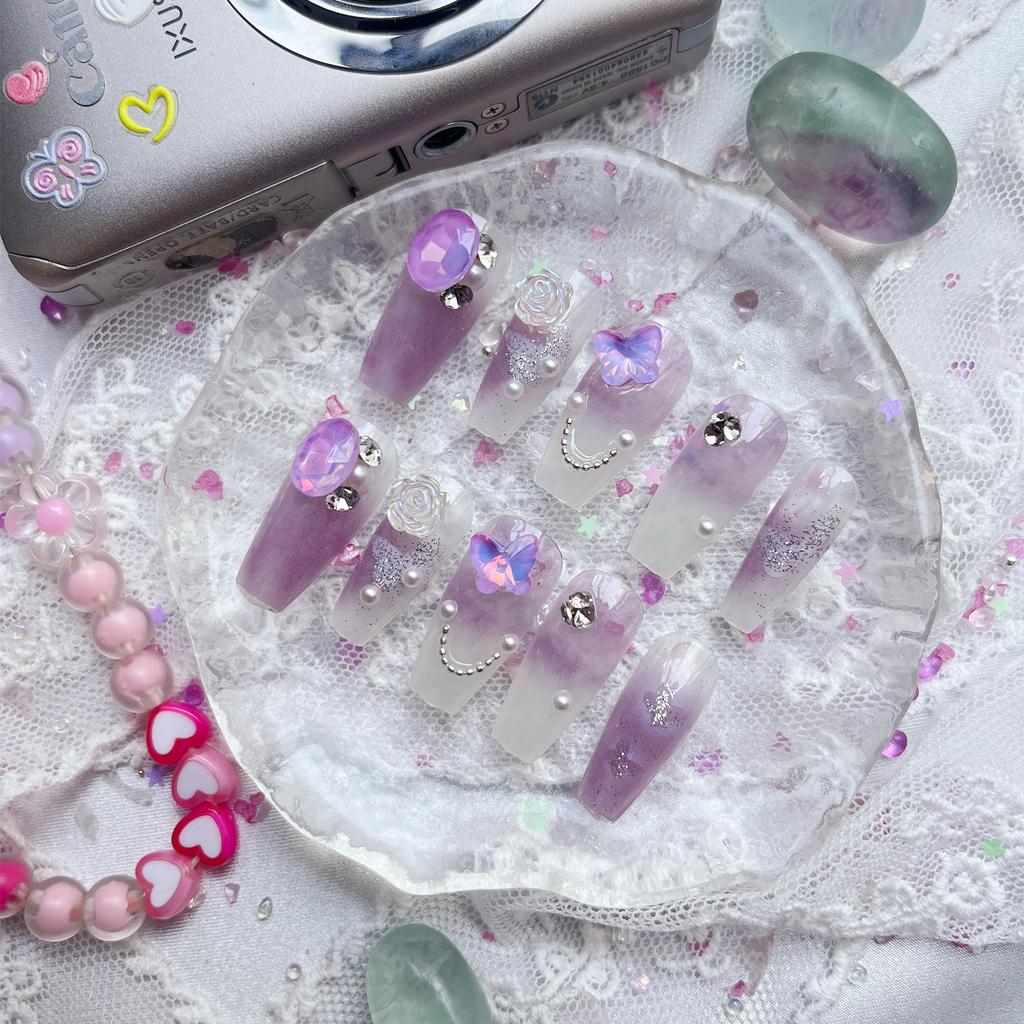 Press-On Nails – Lavender Ombre Coffin with Butterfly, Pearls & Crystal Charms | Wynzy Pops Nails