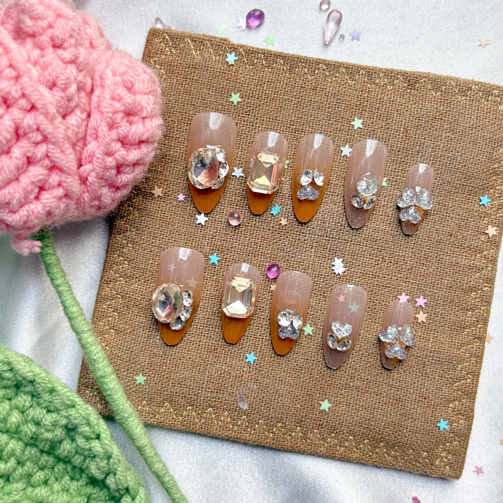 Press-On Nails – Nude Brown Glitter with Crystal Rhinestone Accents | Wynzy Pops Nails