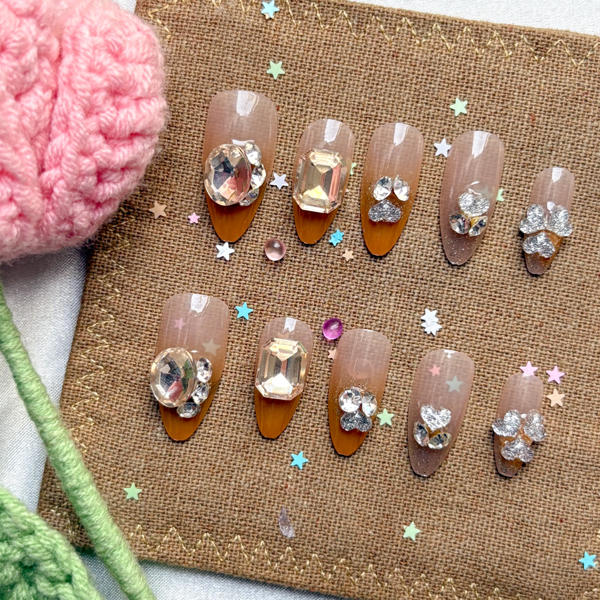 Press-On Nails – Nude Brown Glitter with Crystal Rhinestone Accents | Wynzy Pops Nails