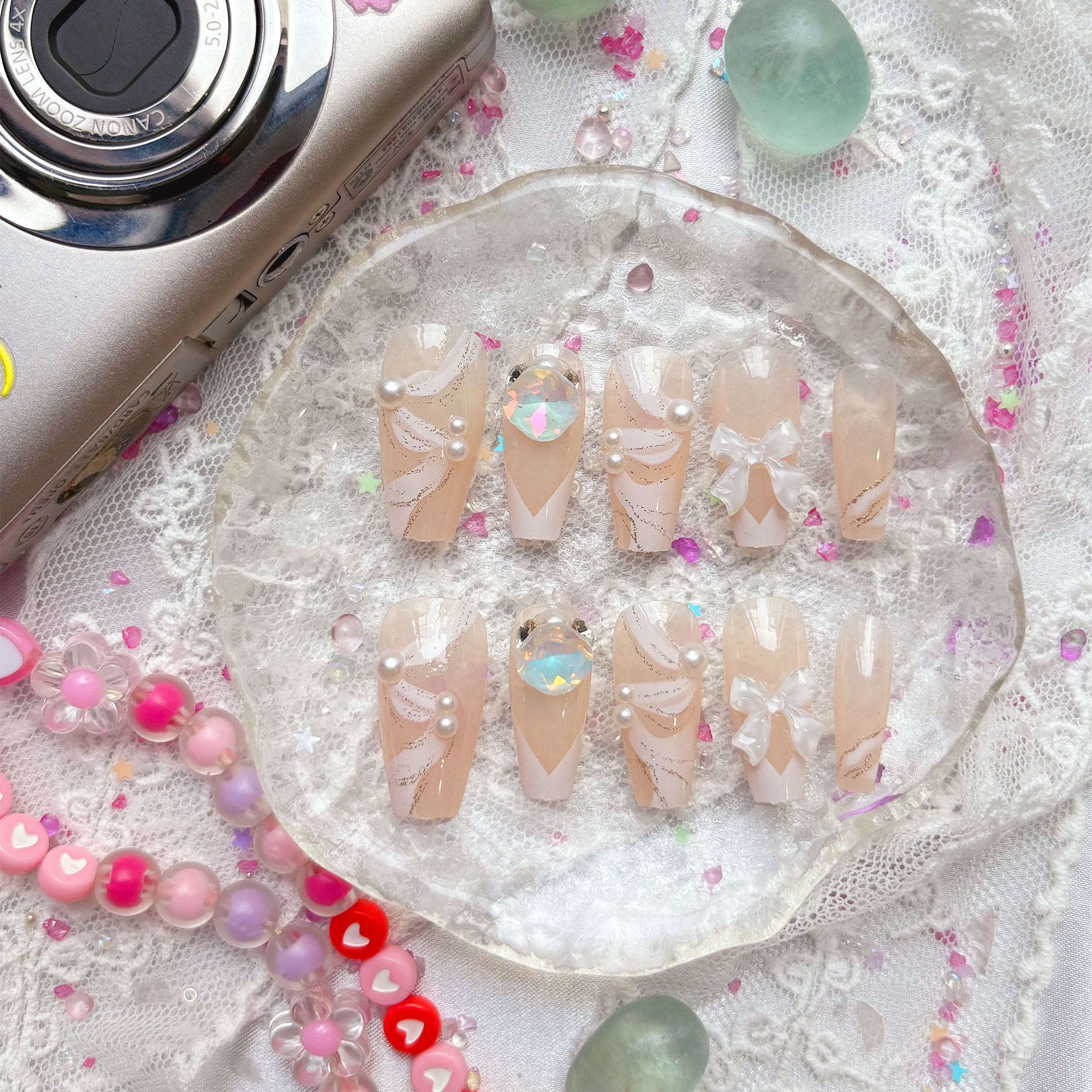 Press-On Nails – Bridal White Swirl with Pearls, Bows & Rhinestones | Elegant Wedding Nail Art | Wynzy Pops Nails