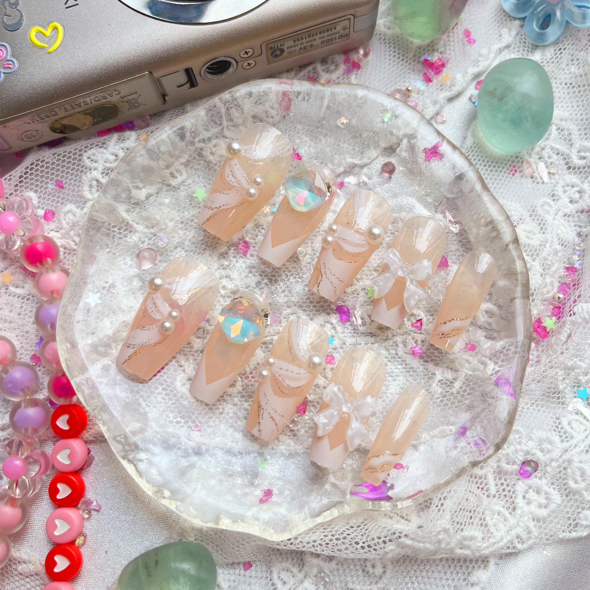 Press-On Nails – Bridal White Swirl with Pearls, Bows & Rhinestones | Elegant Wedding Nail Art | Wynzy Pops Nails