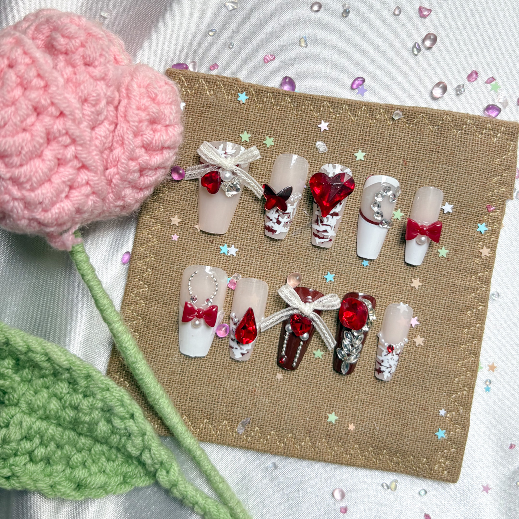 Press-On Nails – Red Bow & Heart Accents with Rhinestones | Cute Glam Long Coffin | Wynzy Pops Nails