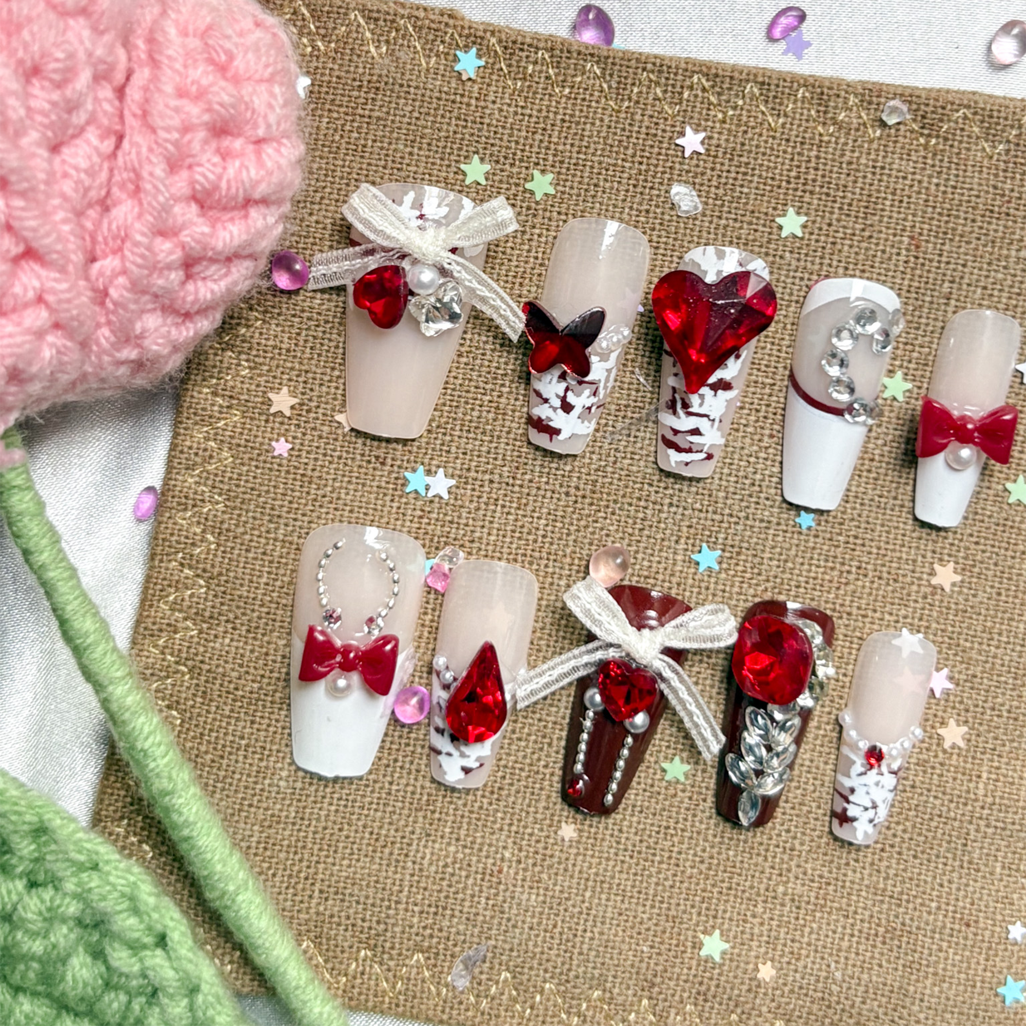 Press-On Nails – Red Bow & Heart Accents with Rhinestones | Cute Glam Long Coffin | Wynzy Pops Nails