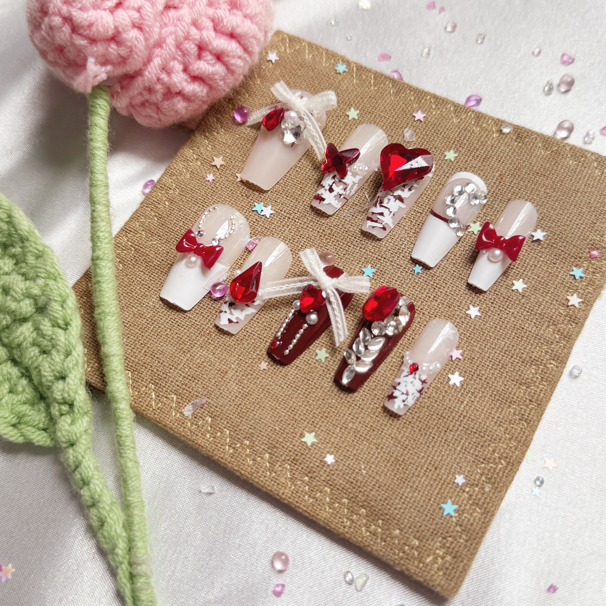 Press-On Nails – Red Bow & Heart Accents with Rhinestones | Cute Glam Long Coffin | Wynzy Pops Nails
