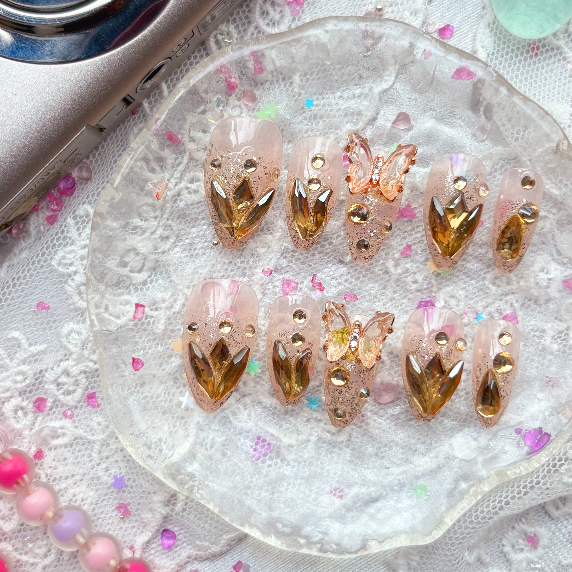Press-On Nails – Gold Glitter Butterfly with 3D Rhinestones | Handmade Sparkle Nail Art | Wynzy Pops Nails