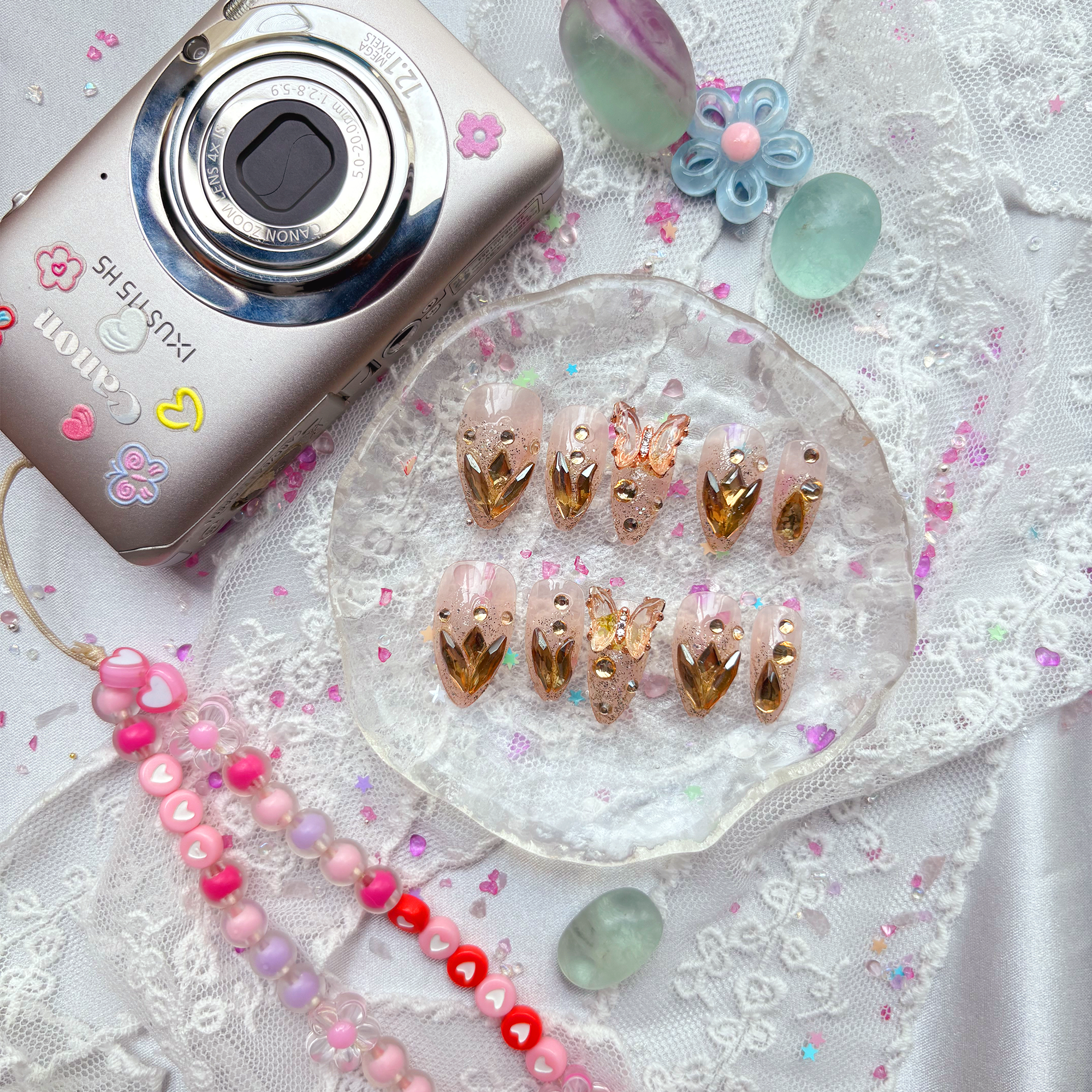 Press-On Nails – Gold Glitter Butterfly with 3D Rhinestones | Handmade Sparkle Nail Art | Wynzy Pops Nails