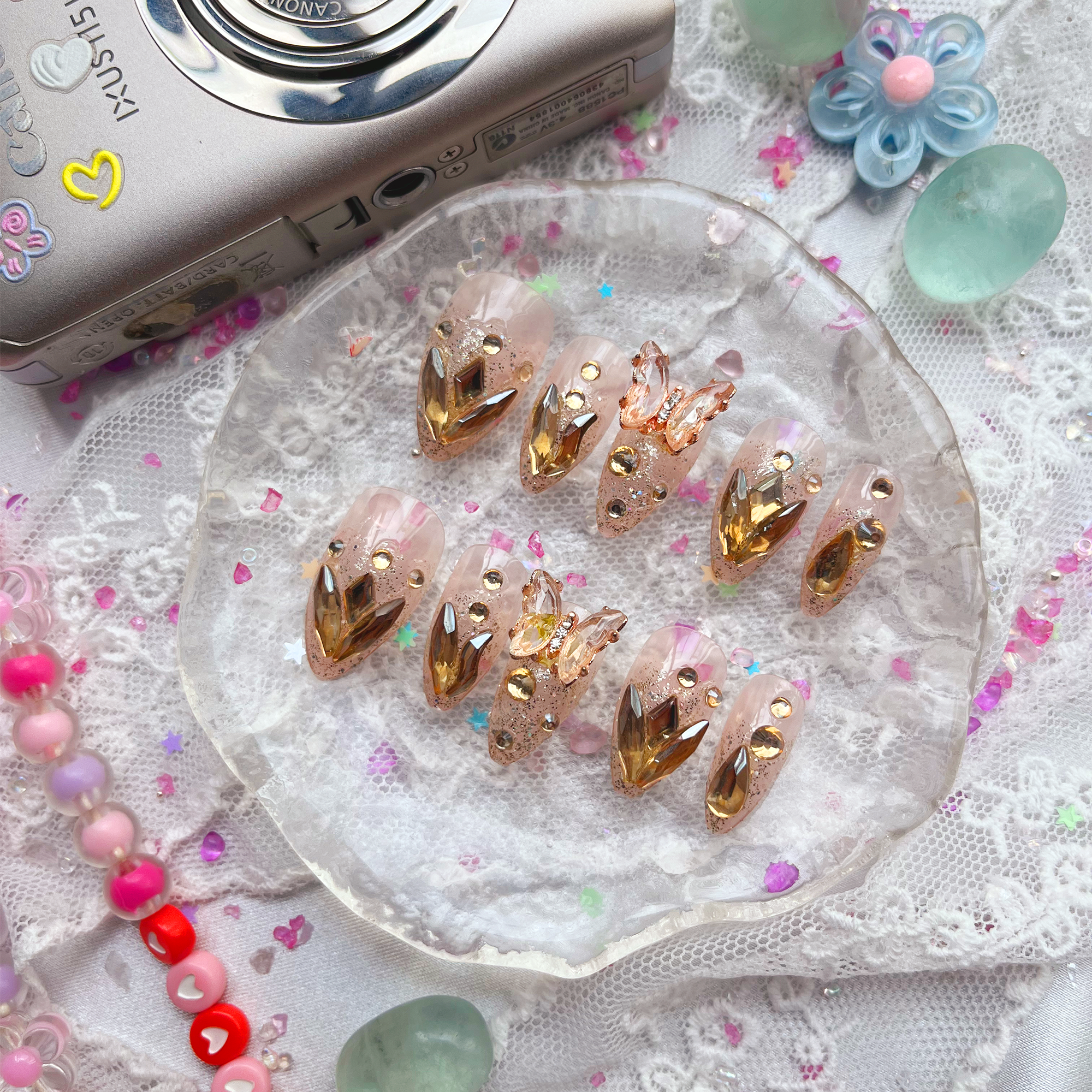 Press-On Nails – Gold Glitter Butterfly with 3D Rhinestones | Handmade Sparkle Nail Art | Wynzy Pops Nails