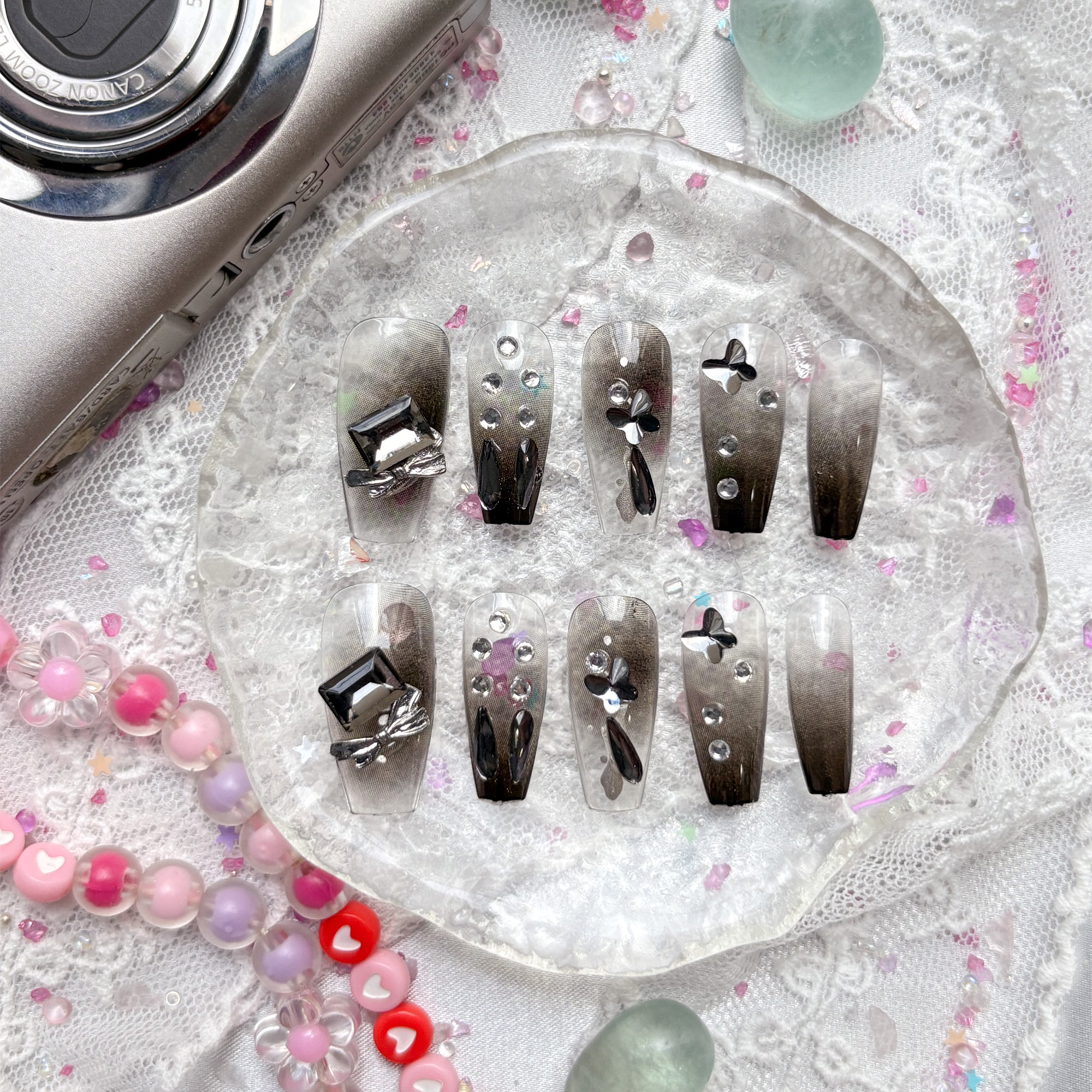 Press-On Nails – Gothic Black Coffin with Silver Rhinestone & 3D Charm Accents | Dark Glam | Wynzy Pops Nails
